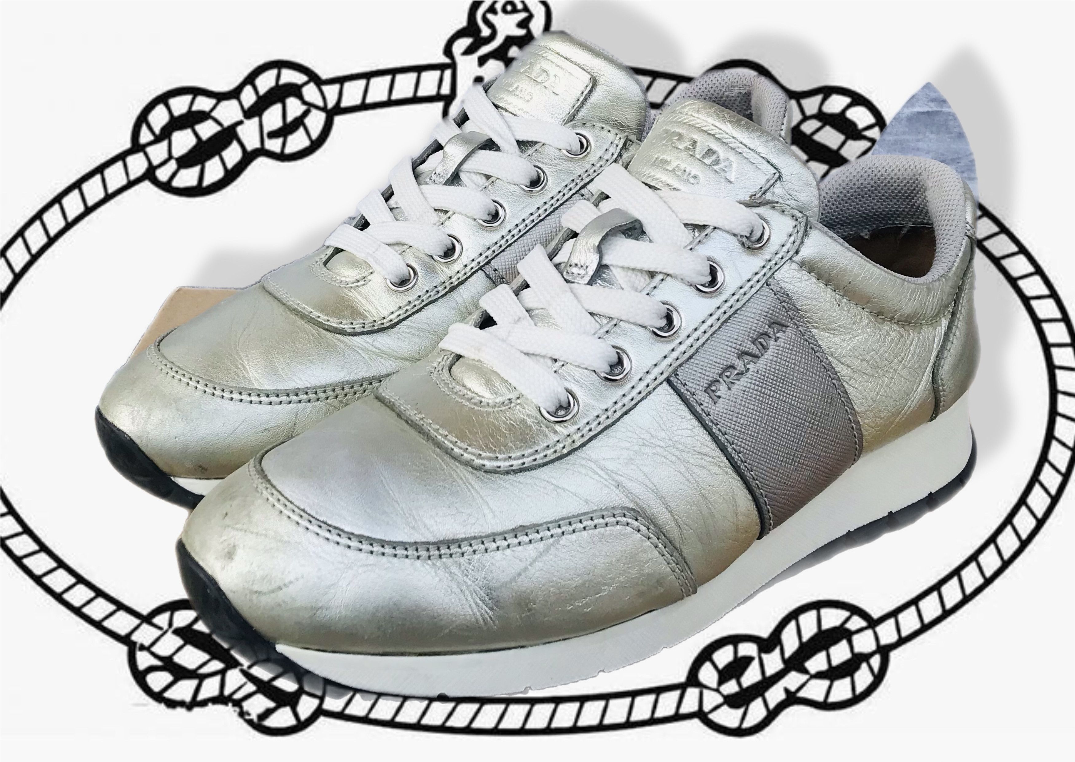 Prada Milano Leather Lace-Up Sneakers Silver Women's Nappa