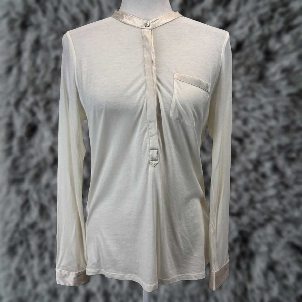 J. Jill J. Jill Silk Trimmed Pima Henley Shirt Small Ivory Long Sleeve Casual PS Petite Women Henley Sleeve Casual Sleeve Long Ivory Silk Size S / US 4 / IT 40 - 1 Thumbnail