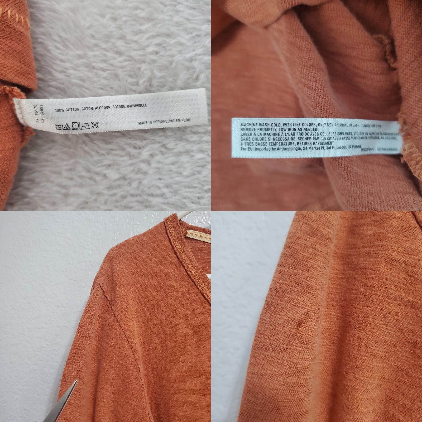 Anthropologie VINTAGE Saturday/Sunday Top Women M Orange 3/4 Sleeve Round Neck Boxy Bohemian Knit Cotton Slit Pocket Mens? Wait. Size M / US 6-8 / IT 42-44 - 8 Thumbnail
