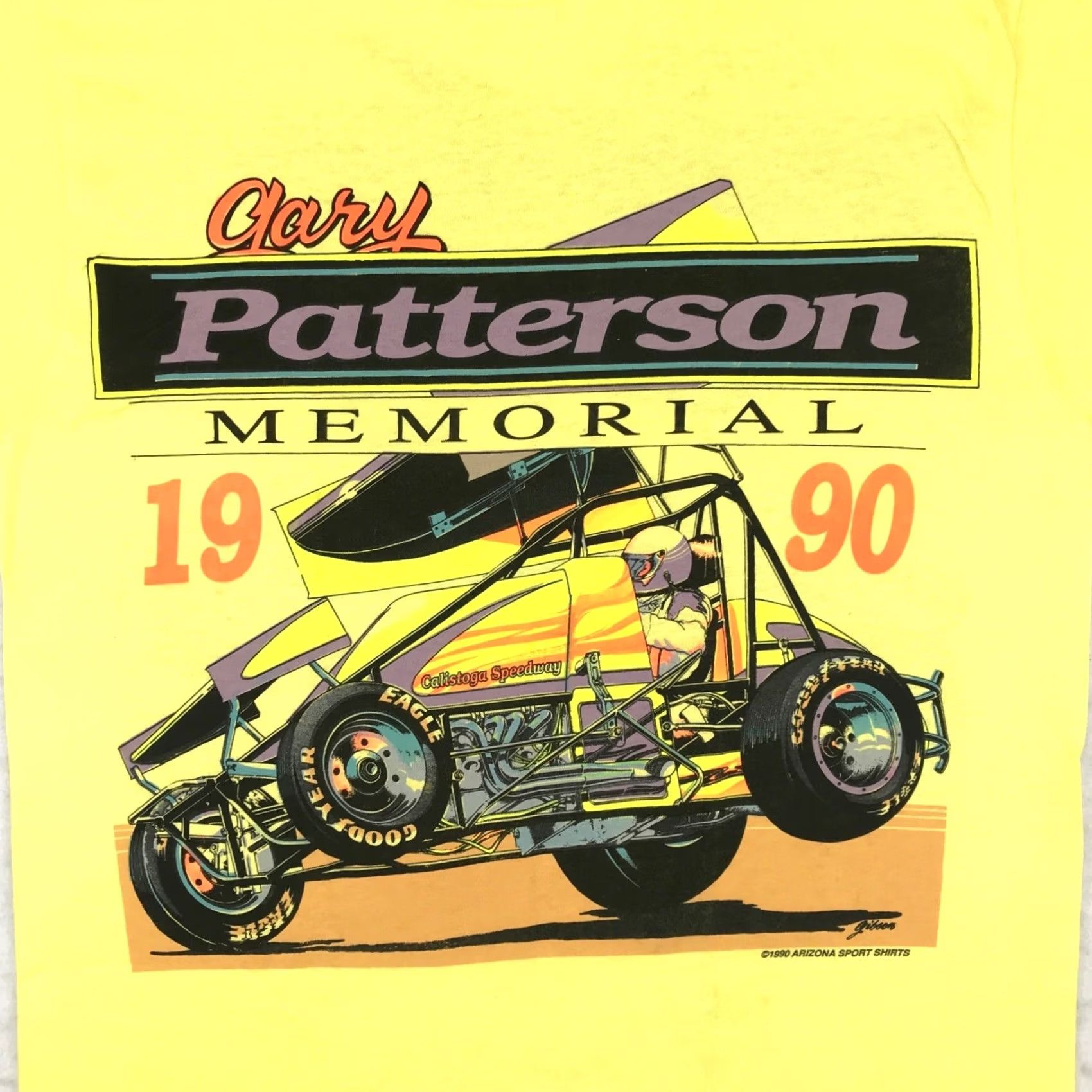 Fruit Of The Loom NOS vintage 90s Gary Patterson Narc Sprint Car Racing T-Shirt S Crew Neck Short Sleeve Yellow Cotton Fruit of the Loom Mens Size US S / EU 44-46 / 1 - 2 Thumbnail