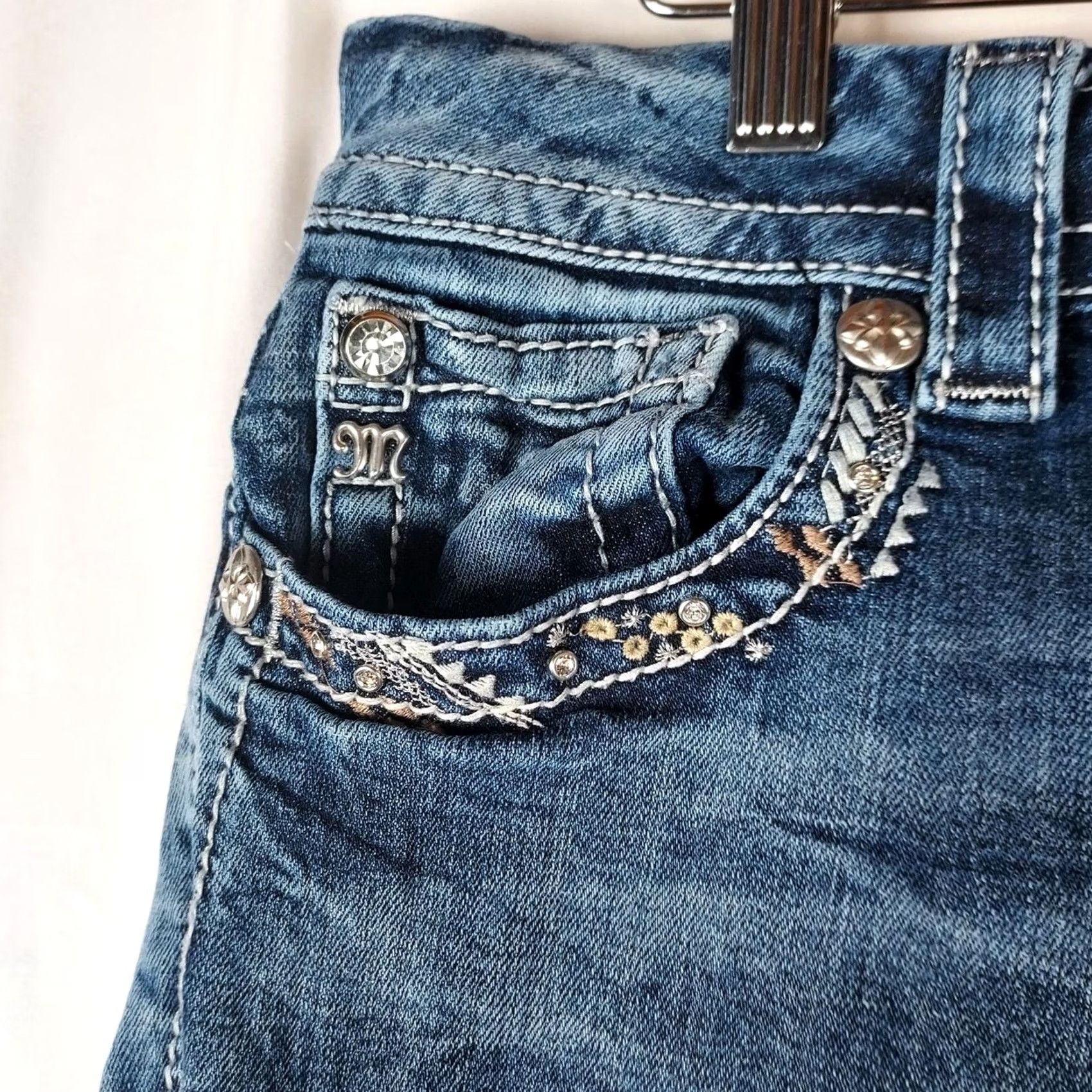 Miss Me Miss Me Easy Boot Mid Rise Bootcut Jeans 29 Women's Denim Blue Stretch Bling 5-Pocket Zip Slim Stability Size 29" - 5 Thumbnail