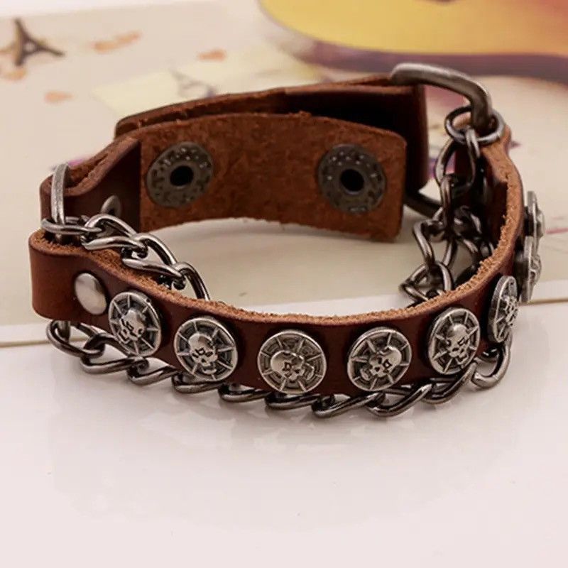 Other Leather Round Skull Handmade Skeleton Bangles Bracelets Size ONE SIZE - 1 Thumbnail