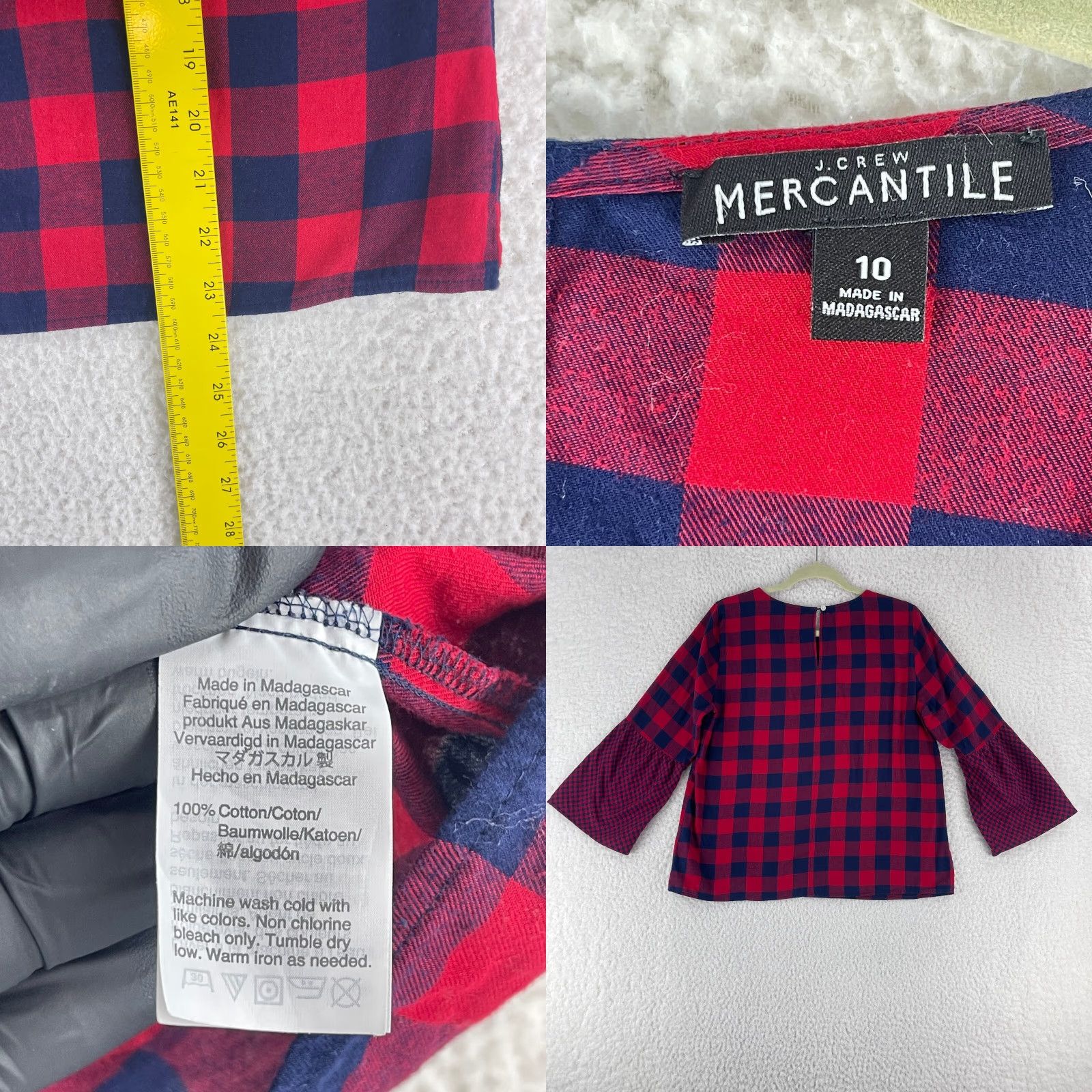 J.Crew J. Crew Mercantile Shirt Womens Size 10 Red Blue Check Bell Sleeve Shirt Size L / US 10 / IT 46 - 8 Thumbnail