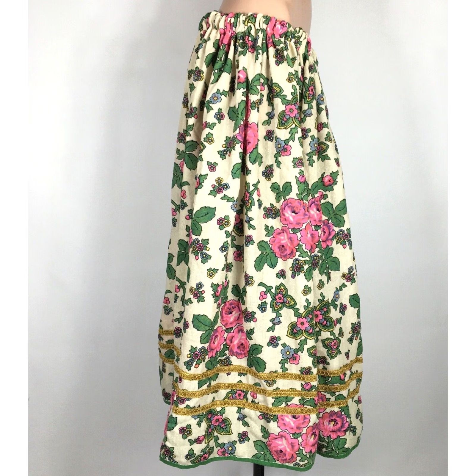 Vintage VINTAGE Hippie 70s Midi Skirt Green Floral Psychedelic Boho Adjustable Waist L Womens Size 36" / US 14 / IT 50 - 3 Thumbnail