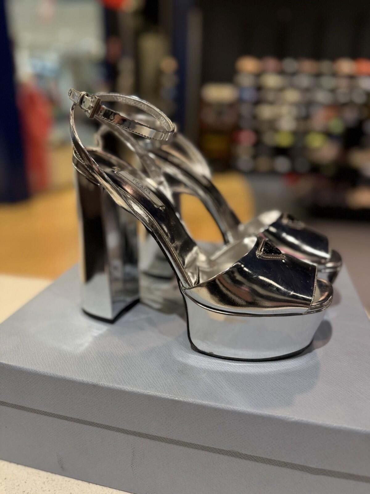 Prada Prada 135mm Metallic Silver Logo Platform Sandal Heel 39.5EU Size US 9.5 / IT 39.5 - 5 Thumbnail