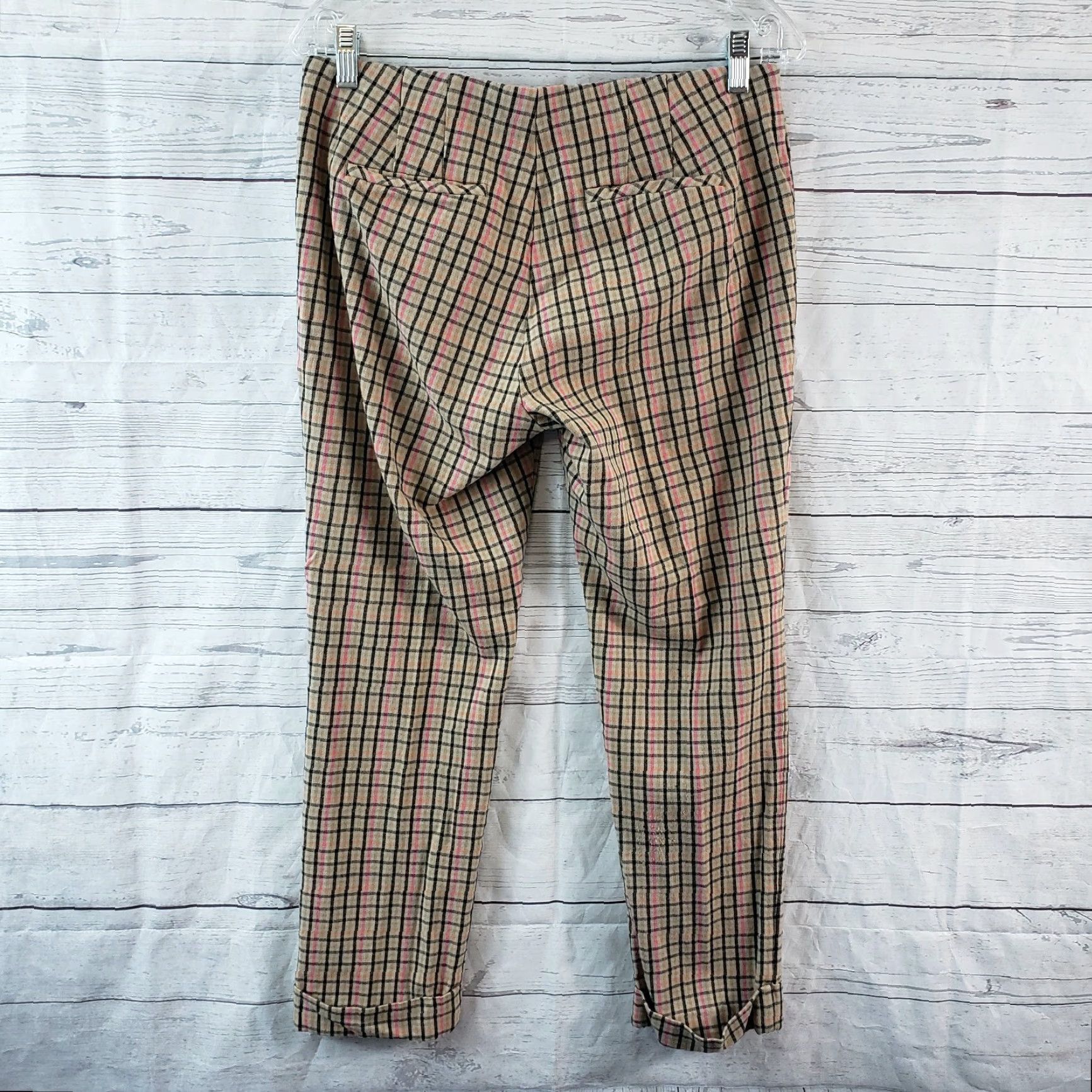 J. Jill J. Jill Womens Cropped Pull On Pants Sz 8 Tan Pink Plaid Multicolor Cuffed Cropped Knit Cotton Blend Womens Size 30" / US 8 / IT 44 - 3 Thumbnail