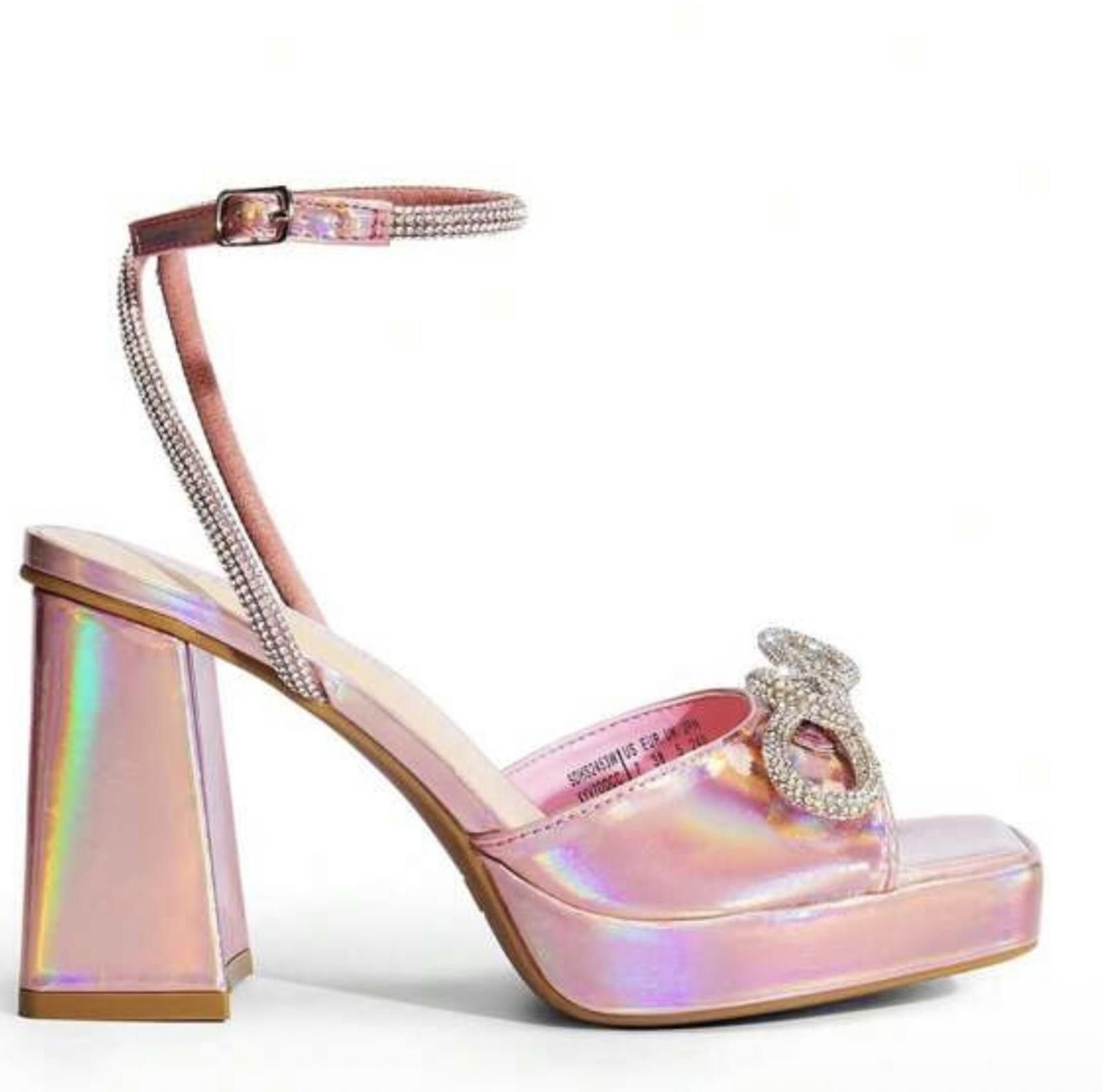 Designer Strappy Pink Holographic Heels with Bow Size US 8.5 / IT 38.5 - 2 Thumbnail