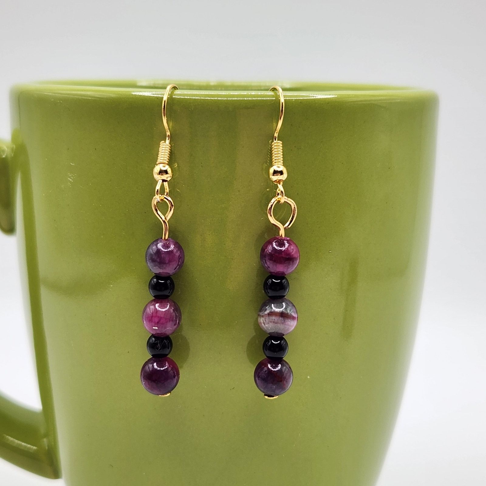 Other Handmade Beaded Dangle Earrings Jade and Black Amethyst 2" Size ONE SIZE - 4 Thumbnail
