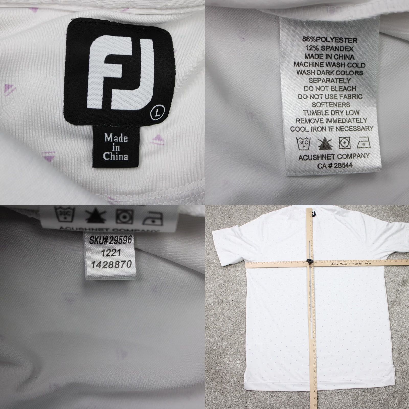 Footjoy FootJoy Polo Shirt Mens Large White All Over Print S/S Geometric 88% Polyester 12% Spandex Golf Sports Size US L / EU 52-54 / 3 - 8 Thumbnail