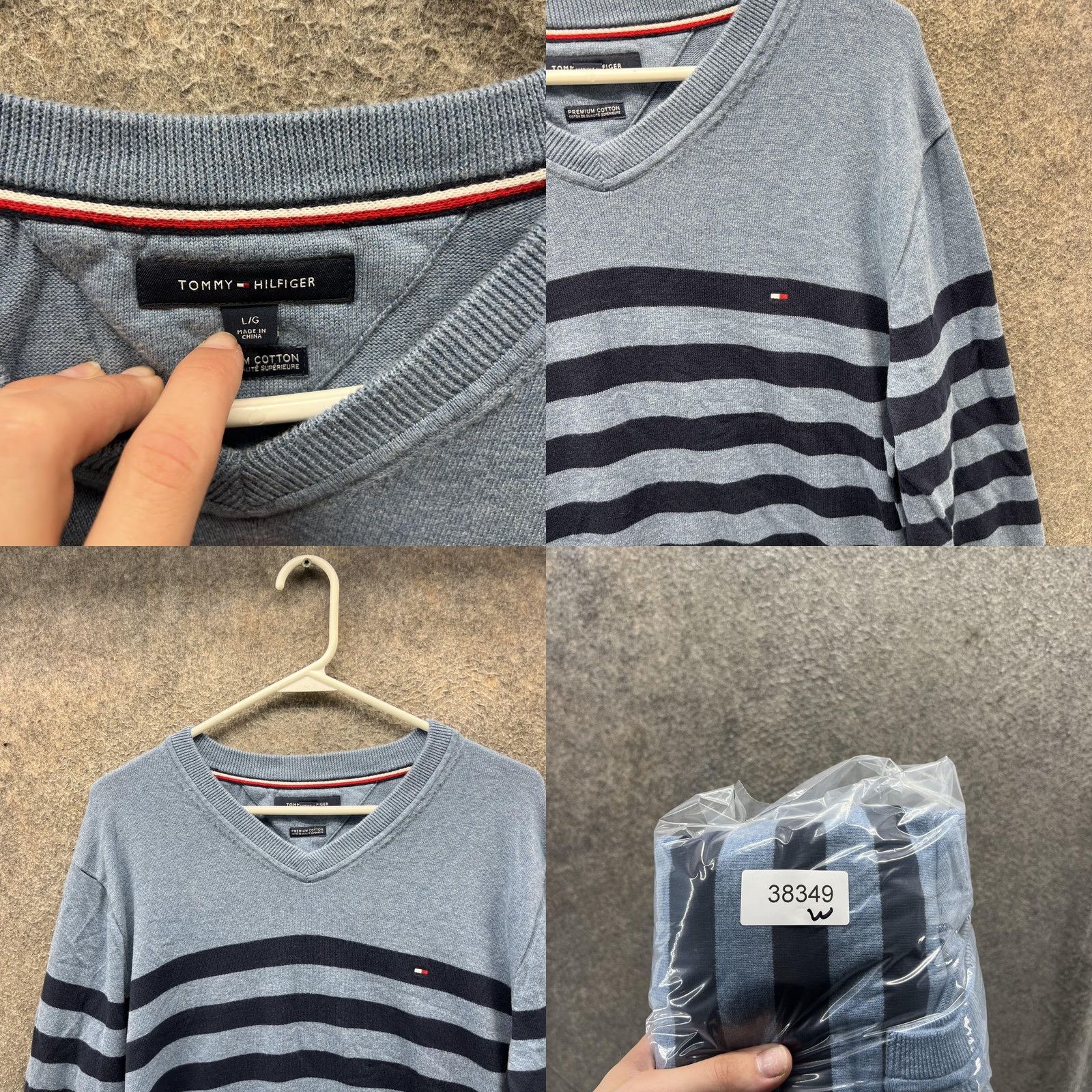 Tommy Hilfiger Tommy Hilfiger Sweater Womens Large Blue Gray Stripe V-Neck Cotton Logo Knit Size L / US 10 / IT 46 - 8 Thumbnail