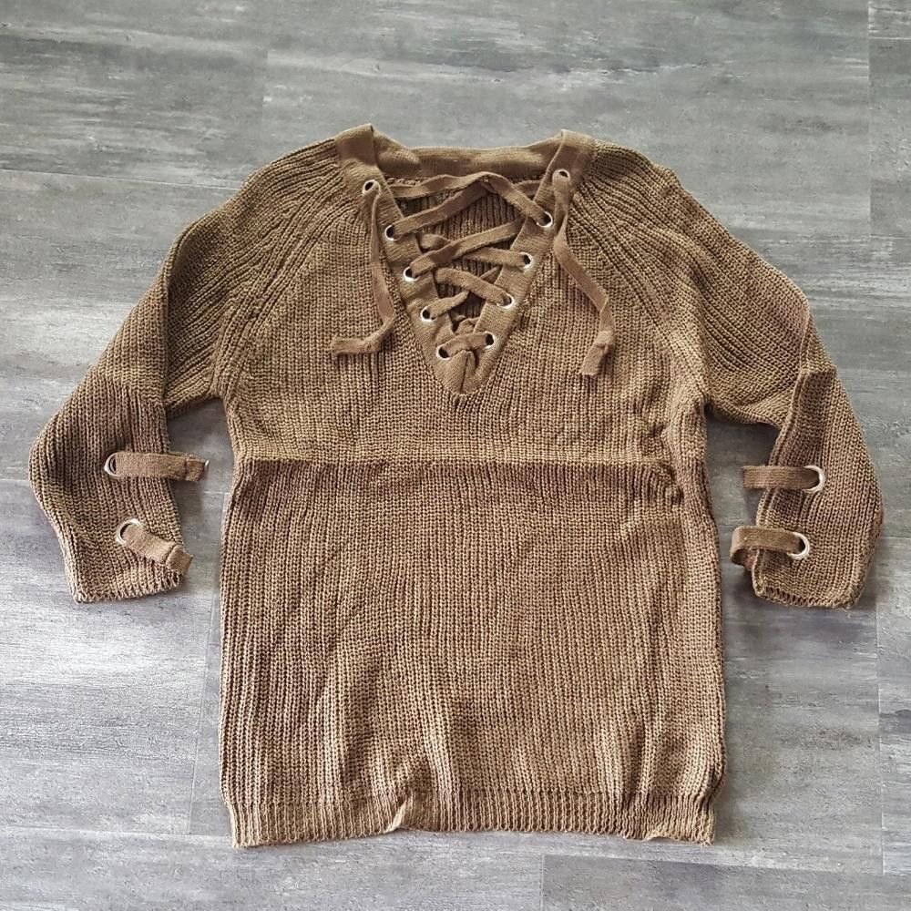Designer Chocolate Laced Up Sweater Long Sleeve Size ONE SIZE - 3 Thumbnail