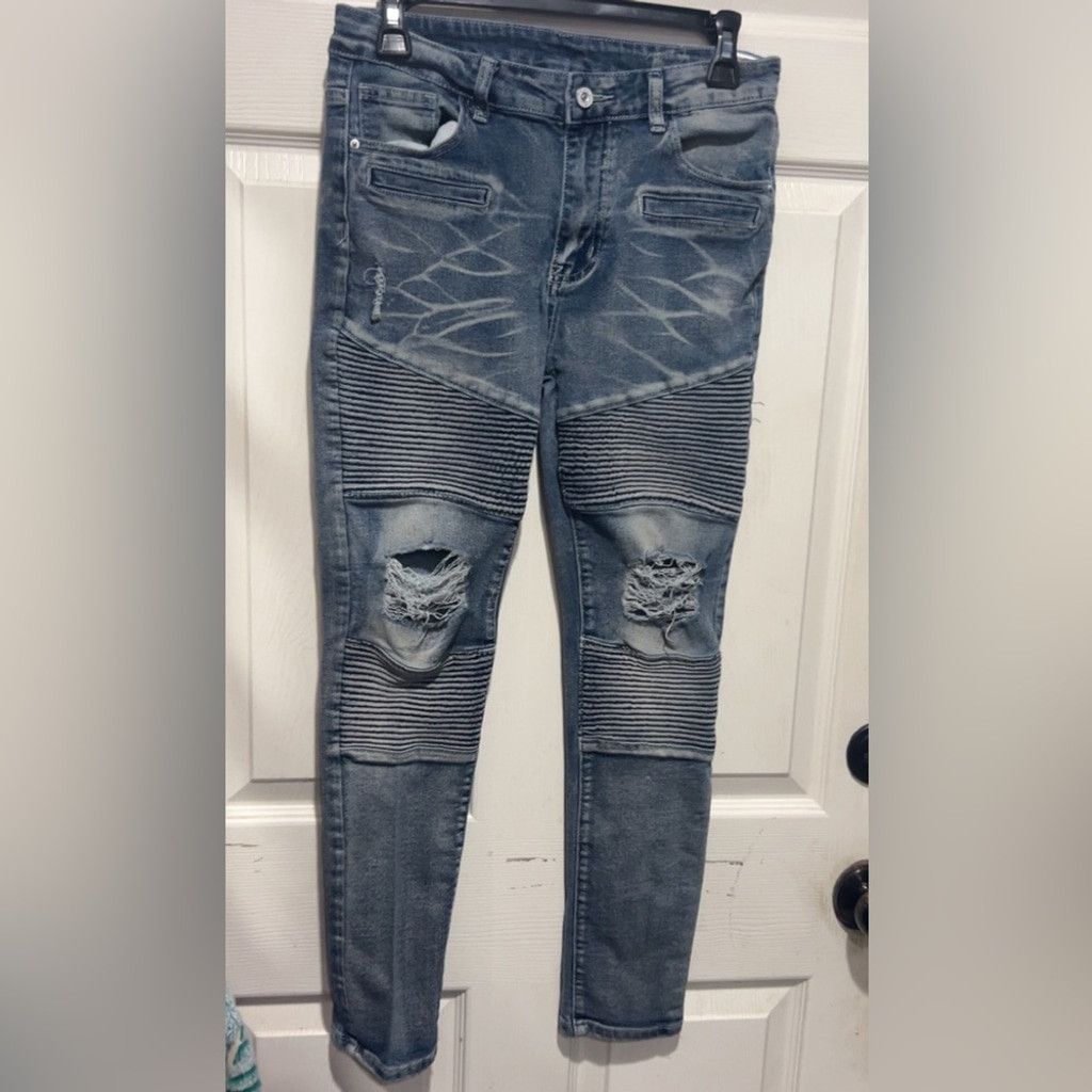 The Unbranded Brand blue biker jeans with a cool design, Size: 14 years Size 36" / US 14 / IT 50 - 1 Thumbnail