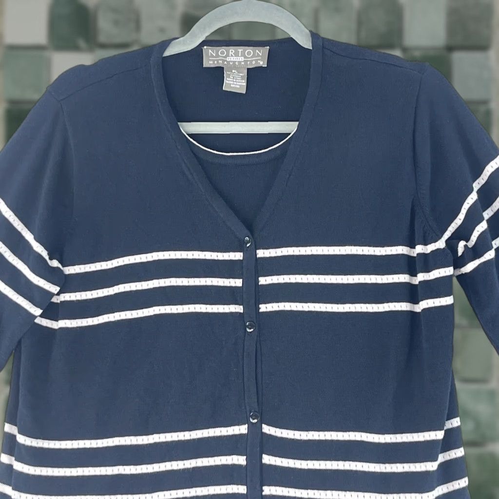 Vintage Norton McNaughton Petites Black Striped Sweater Womens 3/4 Sleeve Size PL Pullover Knit Cardigan? Size L / US 10 / IT 46 - 1 Thumbnail