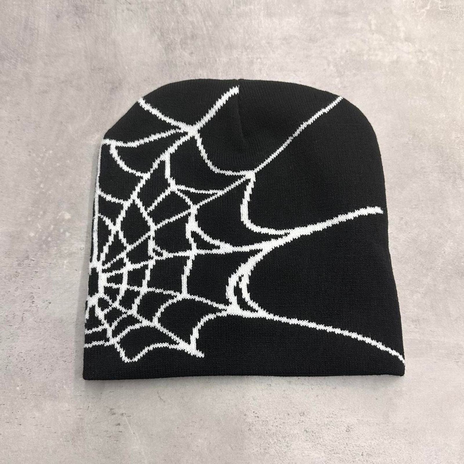 Vintage White and Black Spider Web Acrylic Graphic Beanie Hat Size ONE SIZE - 1 Thumbnail