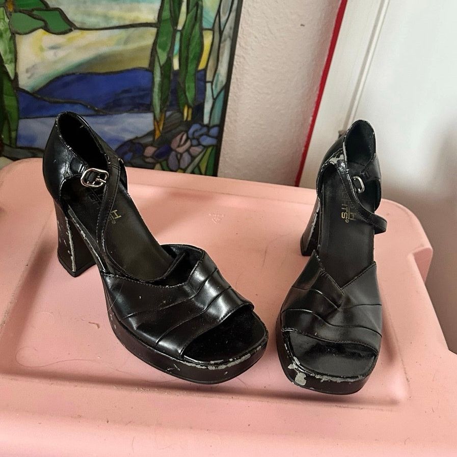 Other high lights black pleather strappy platform sandals heels Size US 7 / IT 37 - 3 Thumbnail