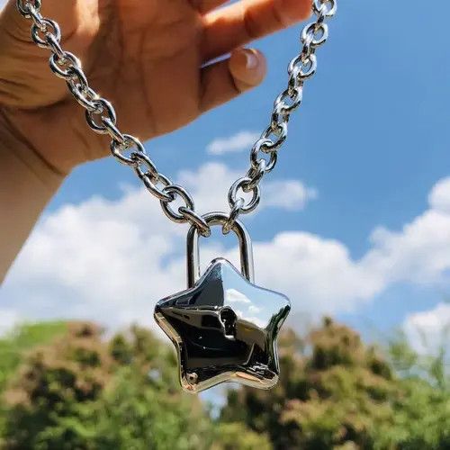Handmade Star Padlock Pendant with a key Necklace Choker Size ONE SIZE - 2 Thumbnail