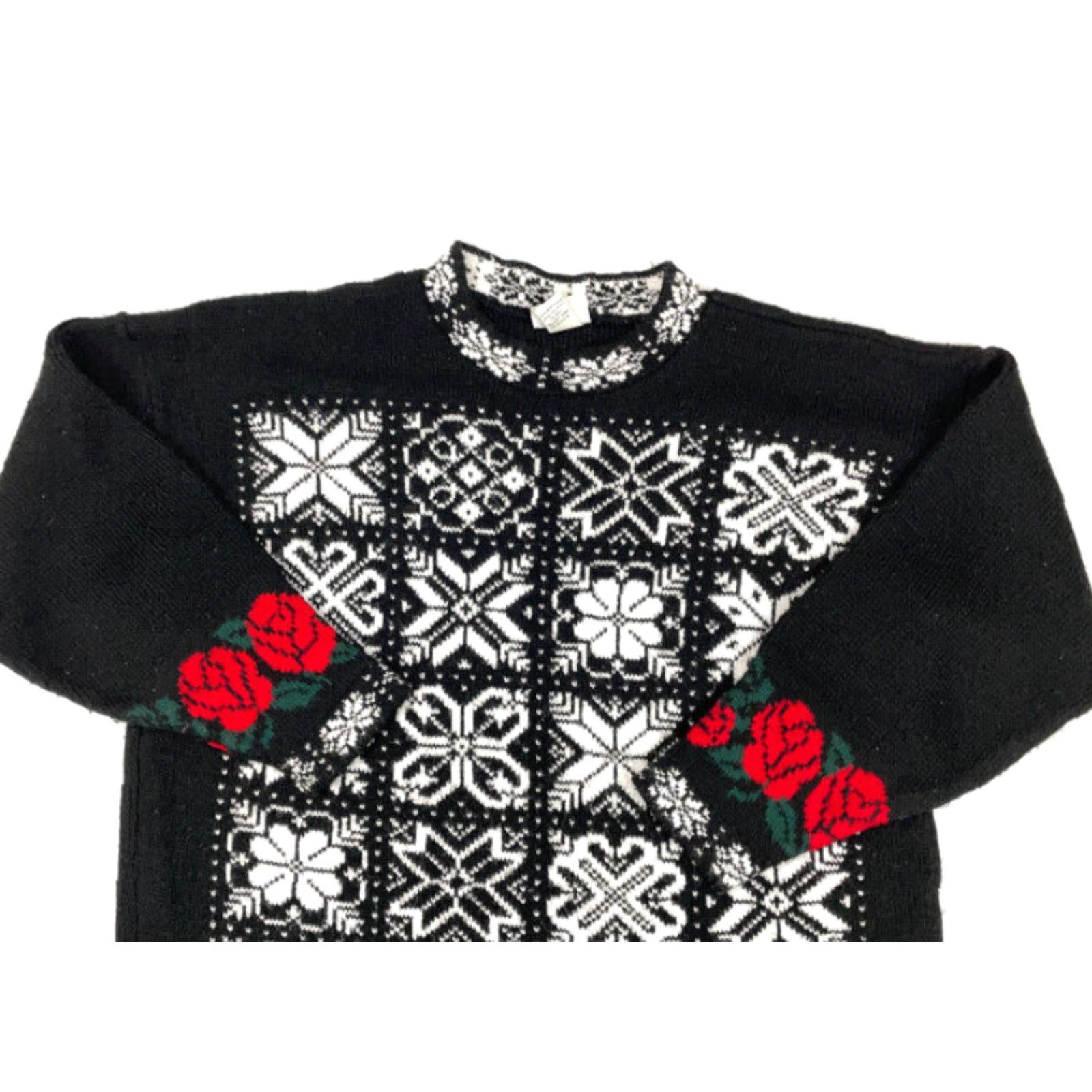 Vintage VTG 90s Classic Elements Sweater L Black Snowflake Roses Geometric Holiday USA Made Women Size L / US 10 / IT 46 - 3 Thumbnail