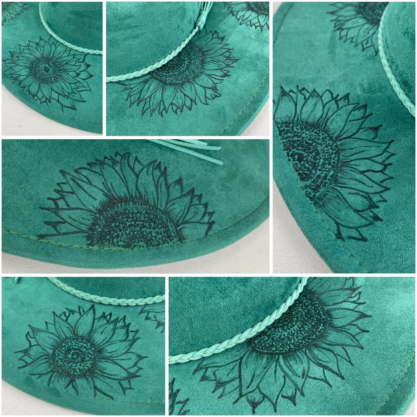 Handmade Green Faux Suede Wide Flat Brim Hat Sunflowers ADJUSTABLE SZ Size ONE SIZE - 7 Thumbnail