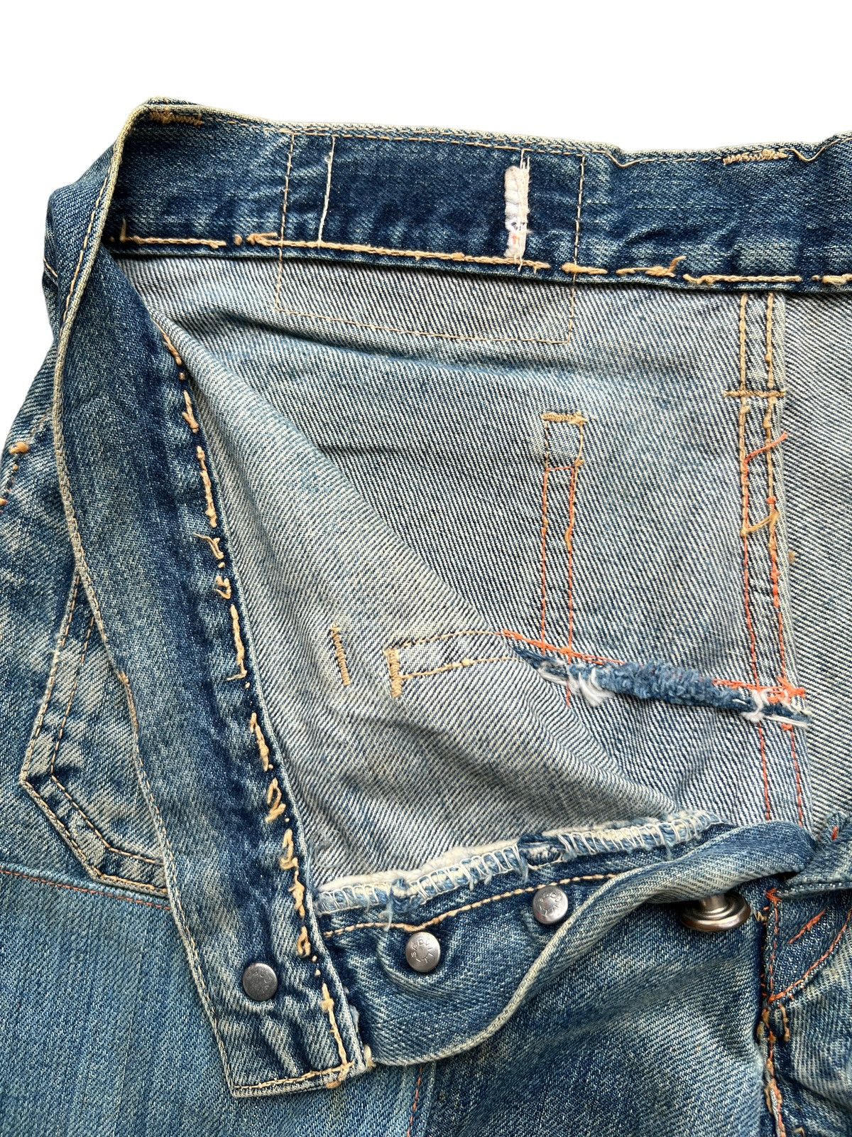 Edwin Vintage 80s Edwin Bushpant Patchwork Distressed Flare Jeans Size 30" / US 8 / IT 44 - 10 Thumbnail