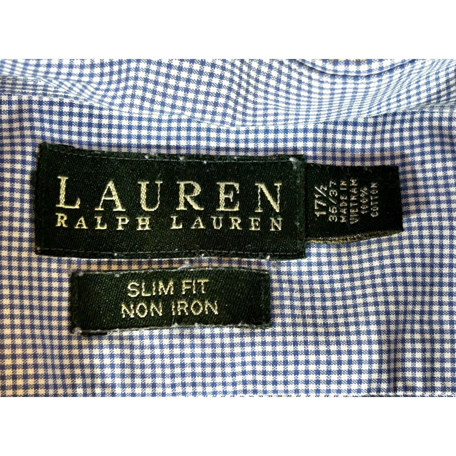 Ralph Lauren Ralph Lauren Dress Shirt Mens XL 17.5 Blue Gingham Slim Non-Iron Business Shirt Mens 17.5 Neck 36/37 Sleeve Size 48R - 7 Thumbnail