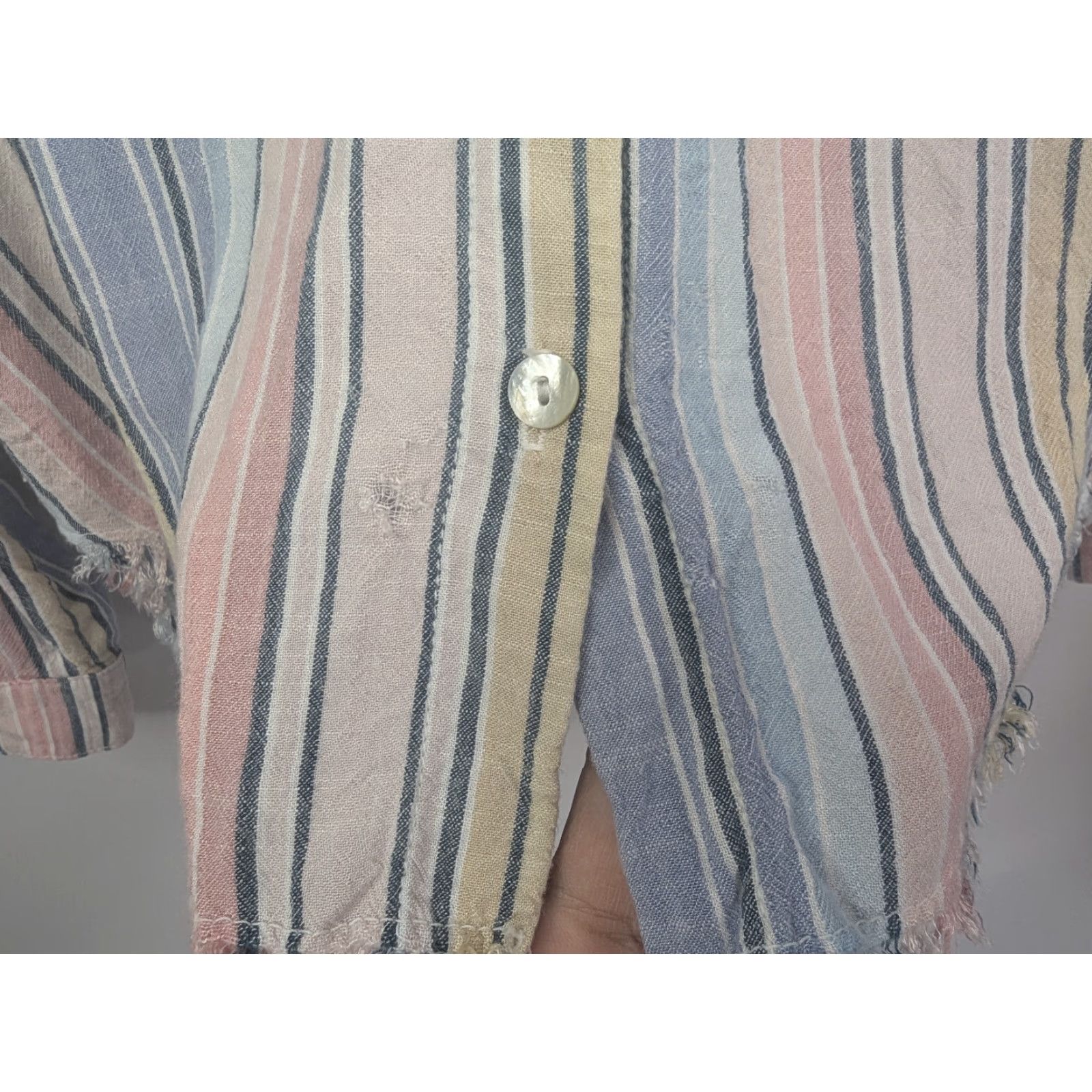 CLOT Cloth & Stone Button-Up Blouse Striped Multicolor Rayon Frayed Hem Raw Edge Size M Womens Size M / US 6-8 / IT 42-44 - 2 Thumbnail
