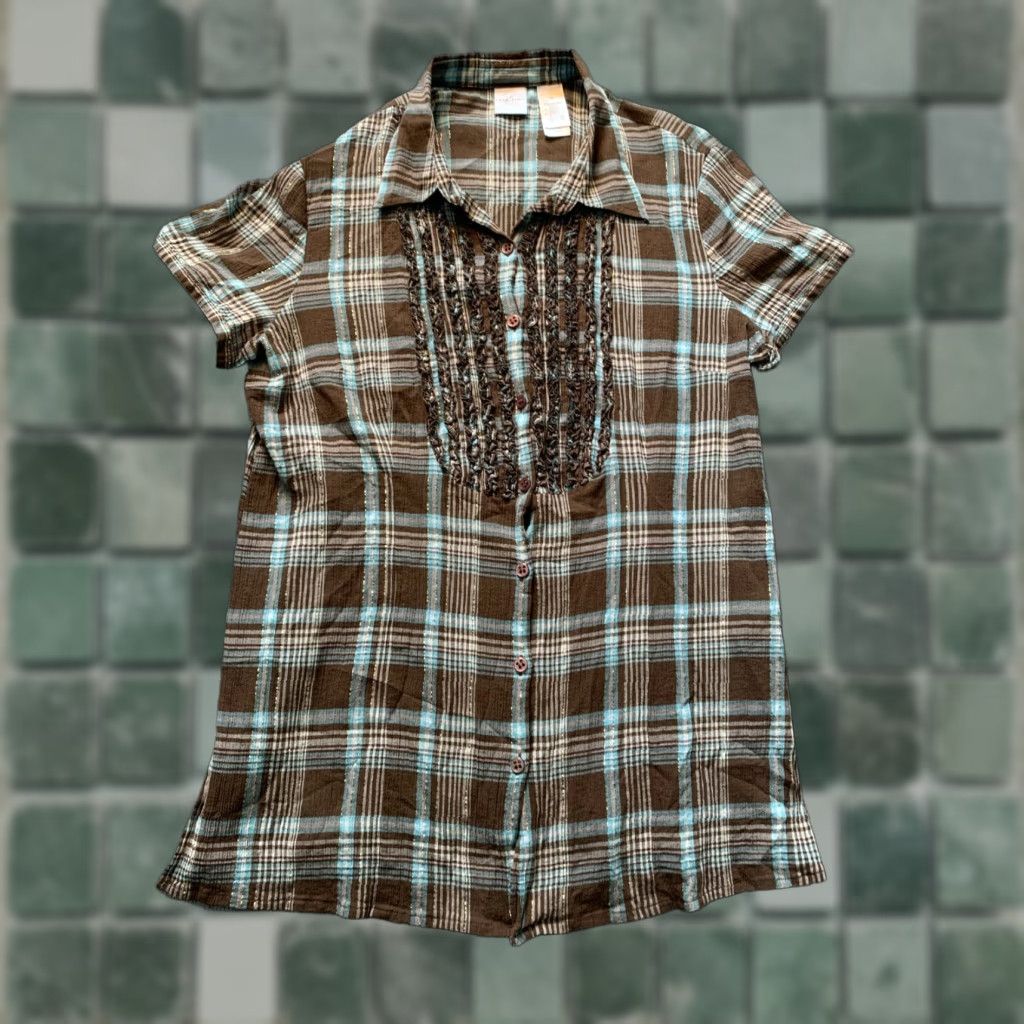 Vintage Emma James Womens 16 Short Sleeve Button-Up Plaid Brown Blue Ruffle Chest Shirt Women Size 38" / US 16 / IT 52 - 1 Thumbnail