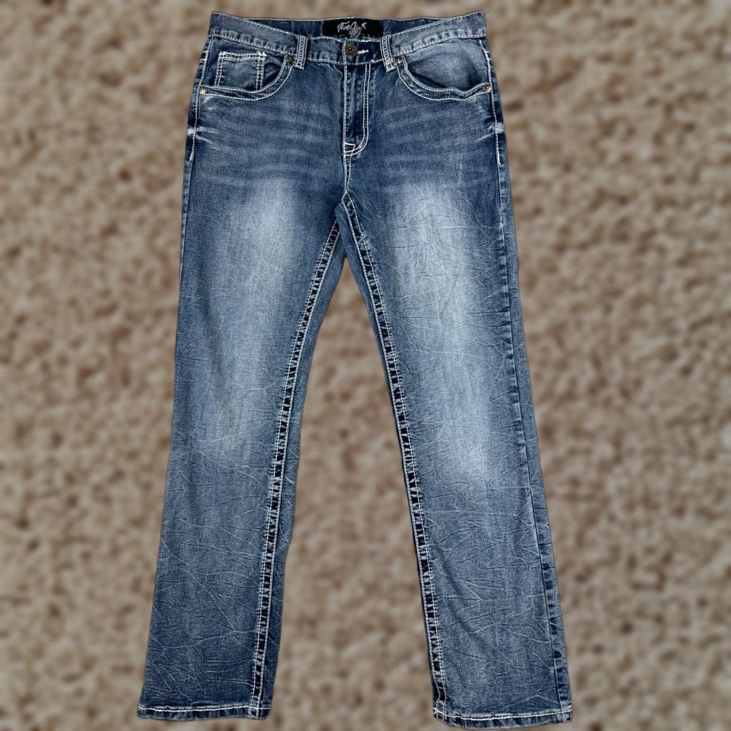 Vintage True Luck Jeans Womens 32 Blue Denim Straight Leg Bootcut 5-Pocket Embroidered Sequin Logo Size 24" / US 00 / IT 34 - 1 Thumbnail