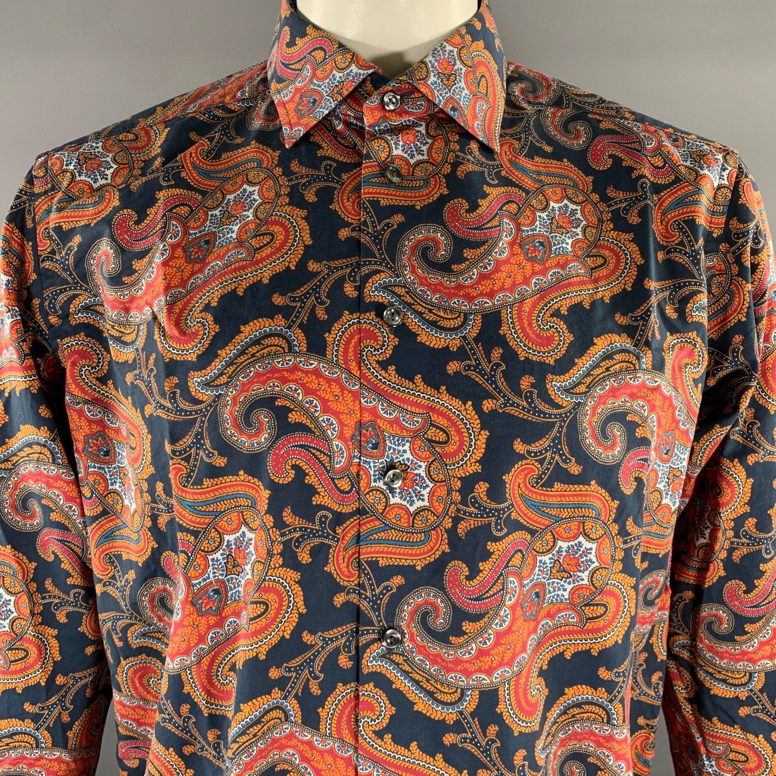 ETON Size XL Navy Orange Paisley Long Sleeve Shirt