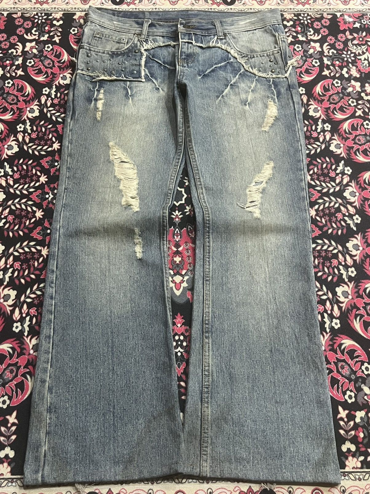 If Six Was Nine Japan Edge Rupert Spider Web Distressed Studded Flare Jeans Size US 34 / EU 50 - 1 Thumbnail