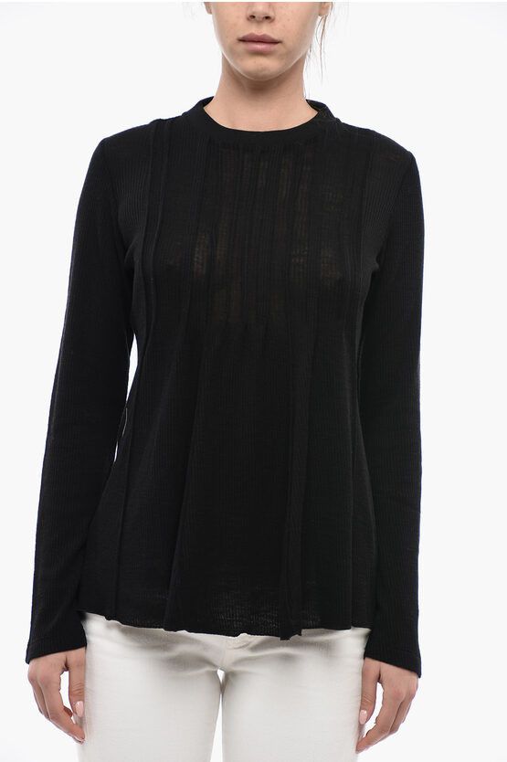 image of Chloe Crew Neck Wool Sweater With Flared Sleeves And Bottom in Black, Women's (Size Medium)