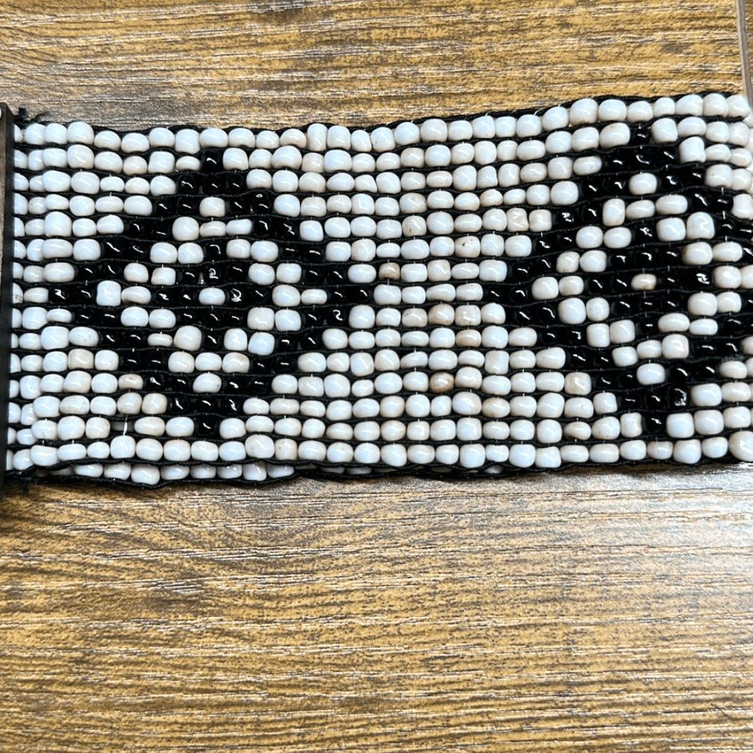 Vintage VINTAGE Women's Beaded Belt One Size Wide Wooden Hook Buckle Retro Boho Stretch Fit Black Brown Aztec Design W 2.25” Size ONE SIZE - 3 Thumbnail