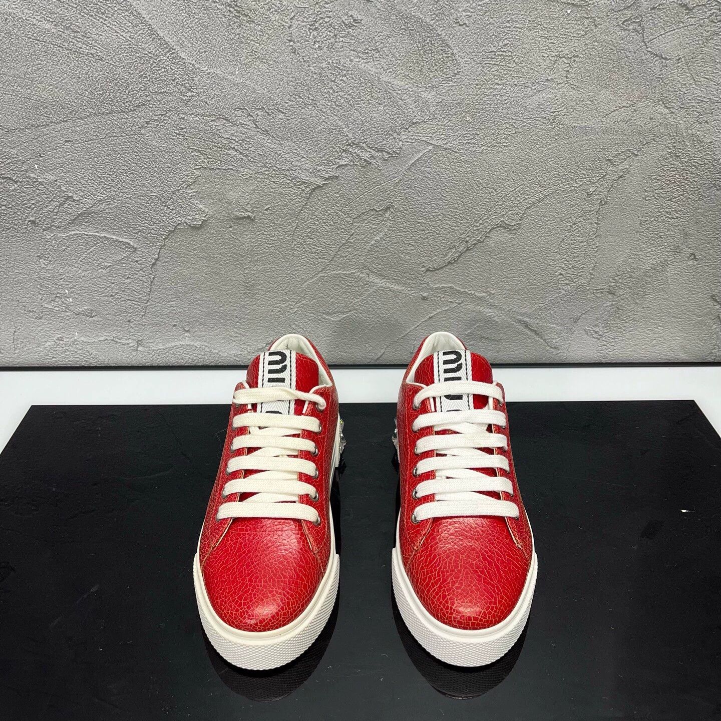 Miu Miu MIUMIU Red Cracked Leather Crystal Sneakers EUR 36 Size US 5 / IT 35 - 2 Thumbnail