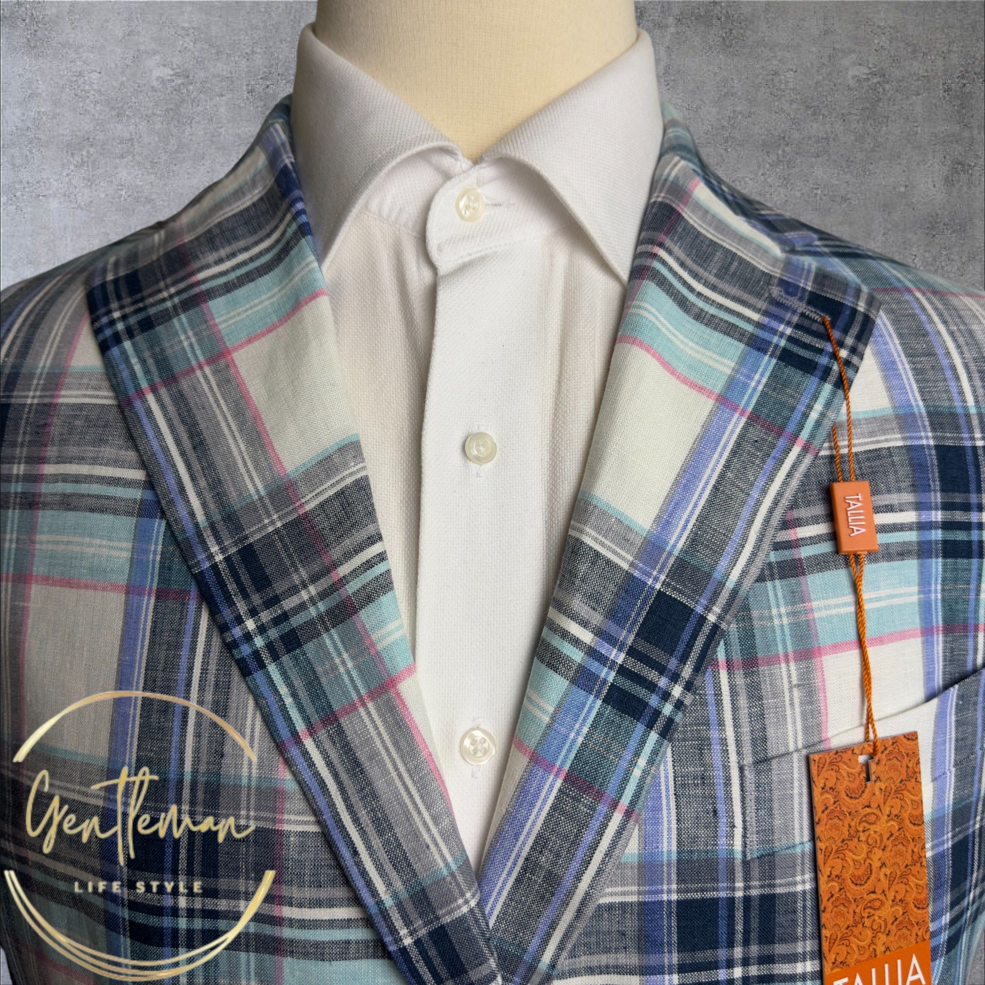 Tallia Tallia Mens Blazer Sport Coat 42R Linen Blue/White plaid Size 42R - 2 Thumbnail