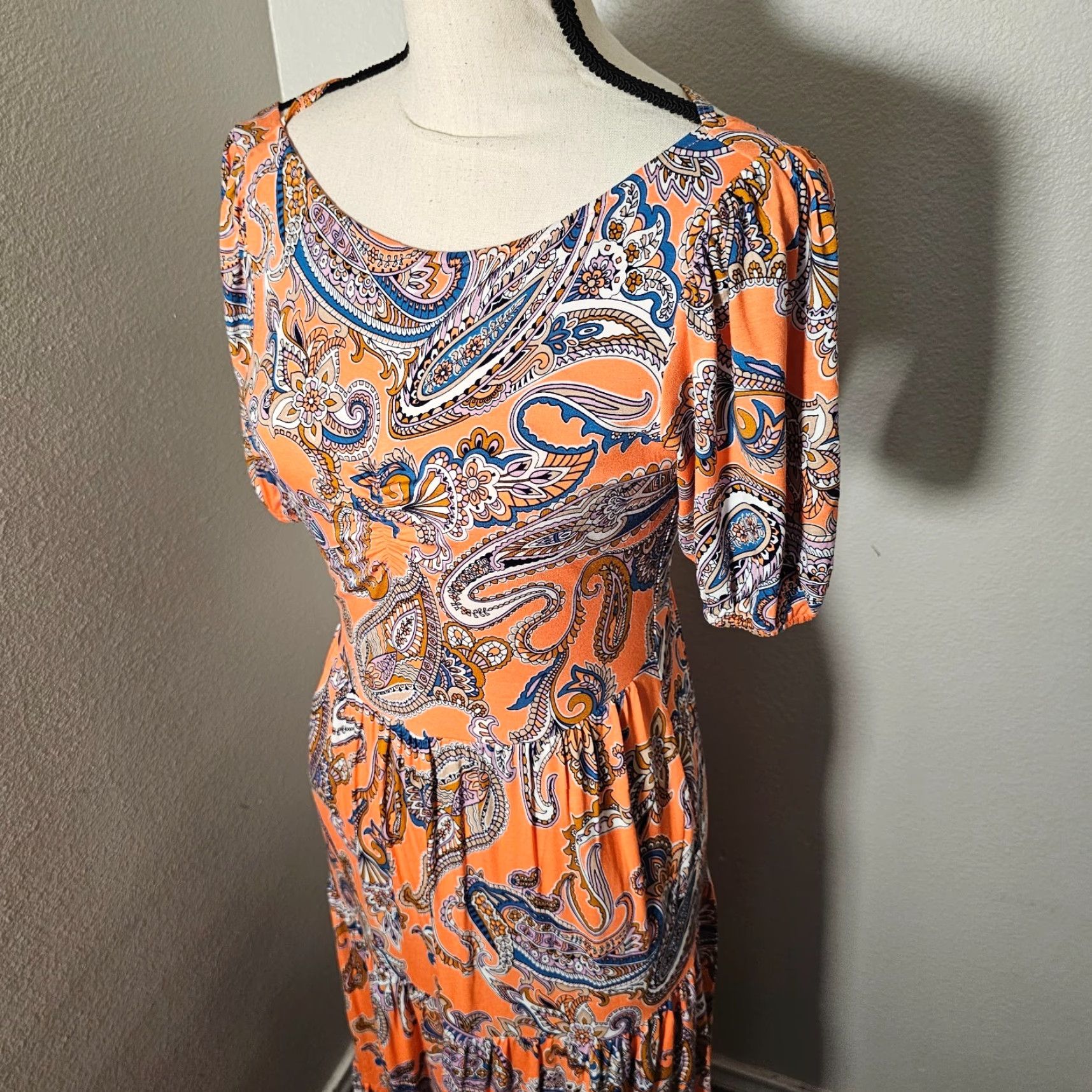 Boden Boden Maxi Dress Orange Paisley 6 R D0681 Cross Strap Back Short Sleeve Cap Sleeve Floral 100% Cotton Womens Size 28" / US 6 / IT 42 - 2 Thumbnail