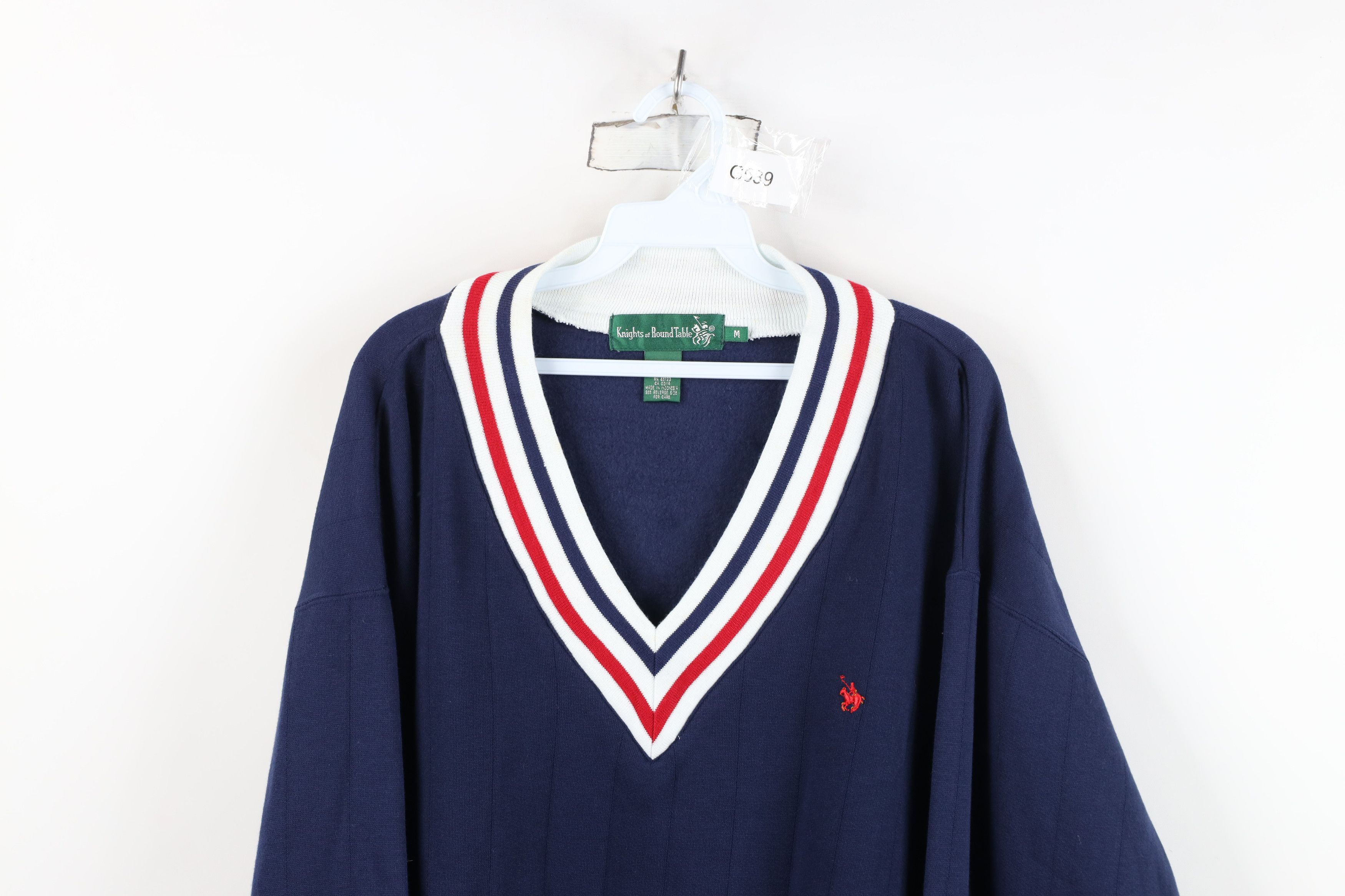 Vintage Vintage 90s Dapper Faded Striped V-Neck Sweatshirt Navy Blue Size US M / EU 48-50 / 2 - 2 Thumbnail