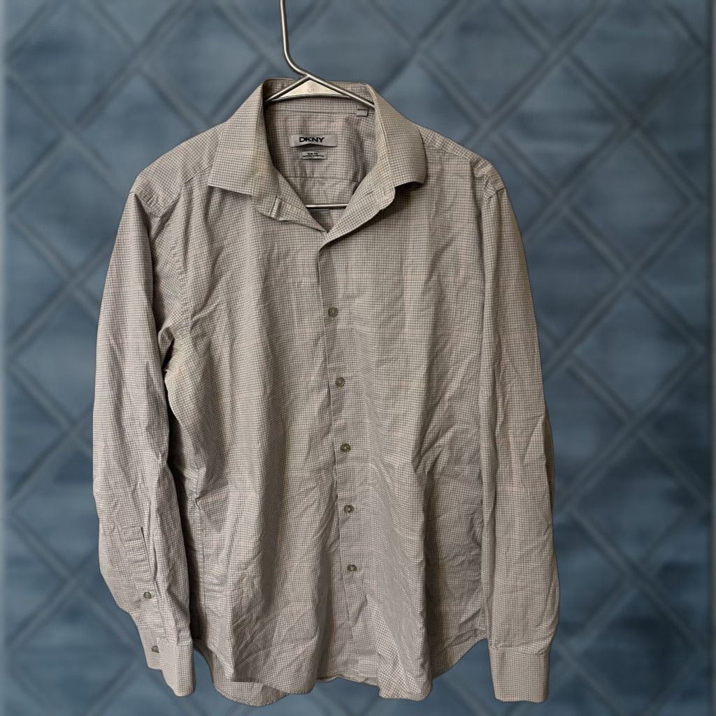 DKNY DKNY Slim Fit Gray Gingham Plaid Dress Shirt for Men, Size 15, Long Sleeve Size 40R - 1 Thumbnail