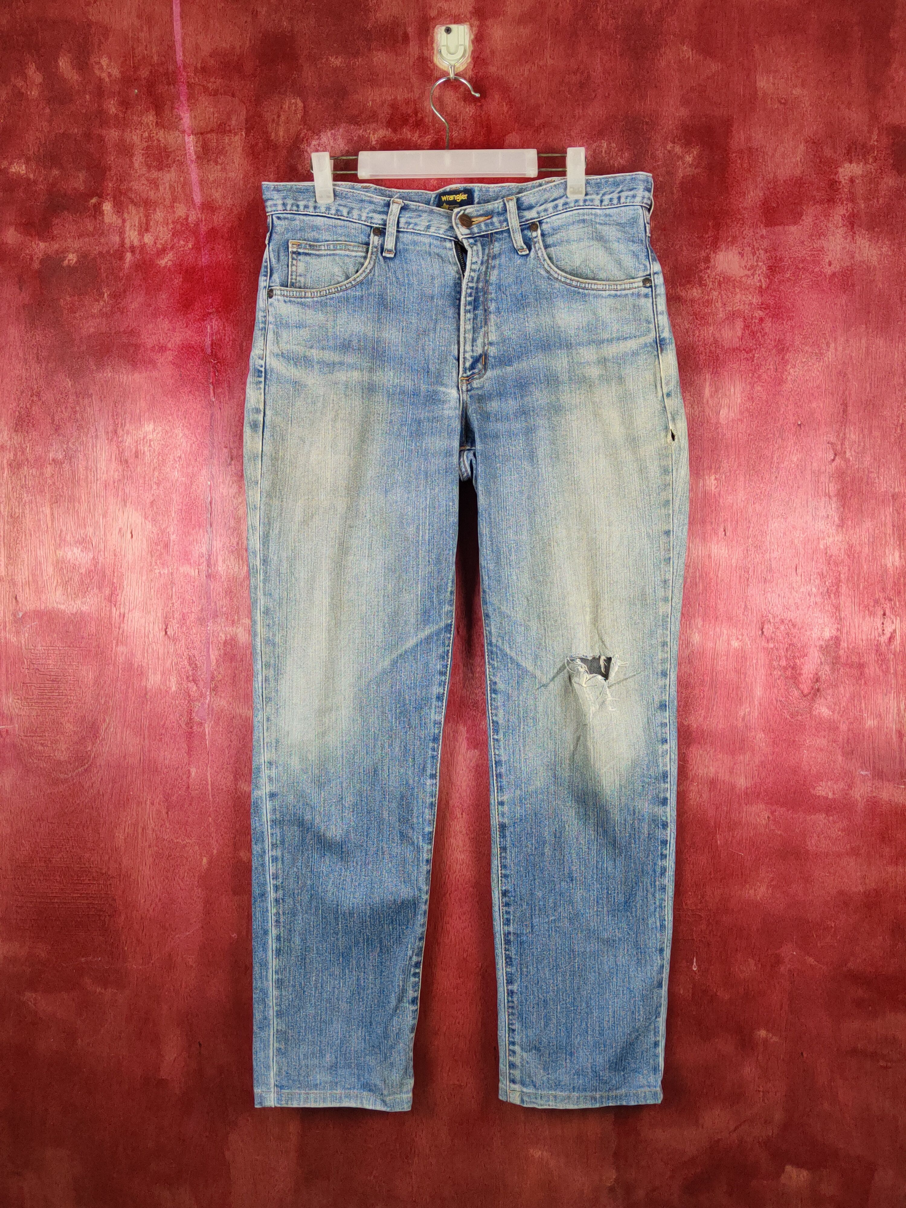 Japanese Brand Wrangler Blue Faded Distressed Ripped Jeans #S2202 Size US 33 - 1 Thumbnail