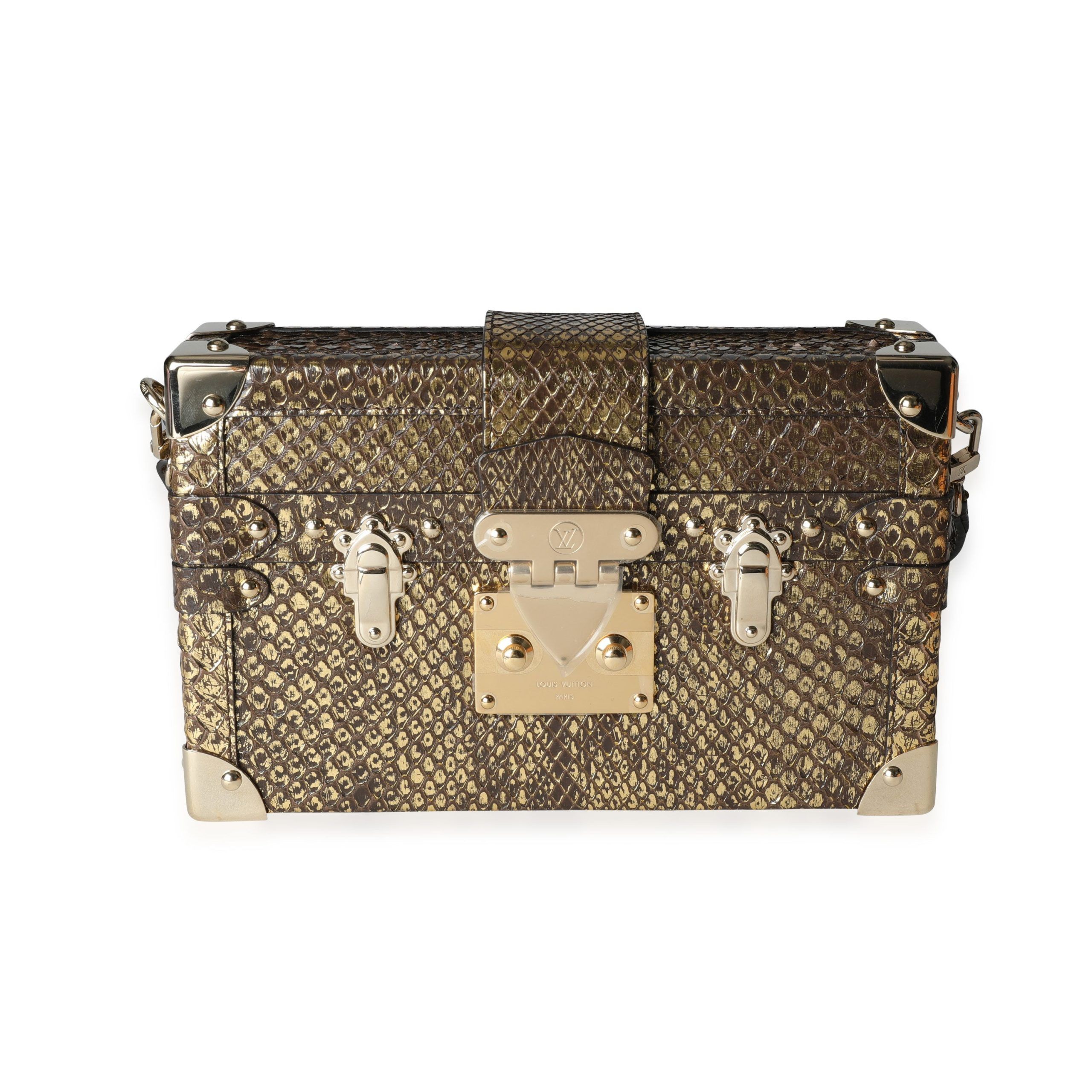 image of Louis Vuitton Distressed Metallic Gold Python Petite Malle in Black, Women's