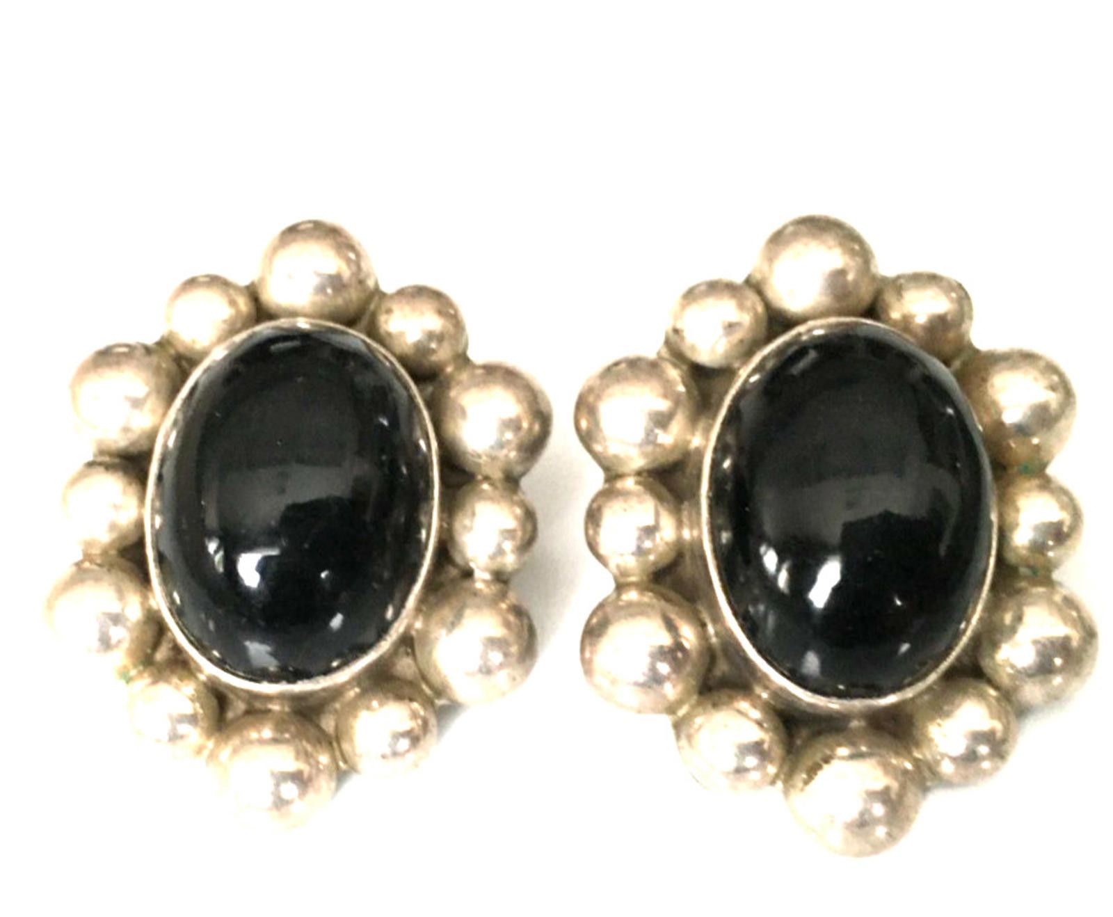 Sterling Silver Vintage Earrings TAXCO Mexico 925 Sterling Clip-on Onyx Size ONE SIZE - 1 Thumbnail