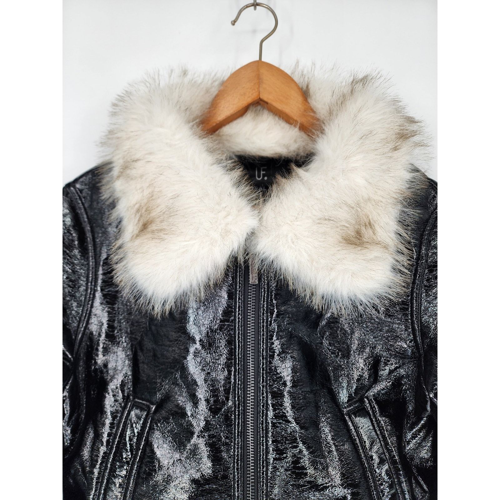 image of Unreal Fur Wet Look Aviator Jacket In Black Xs, Women's