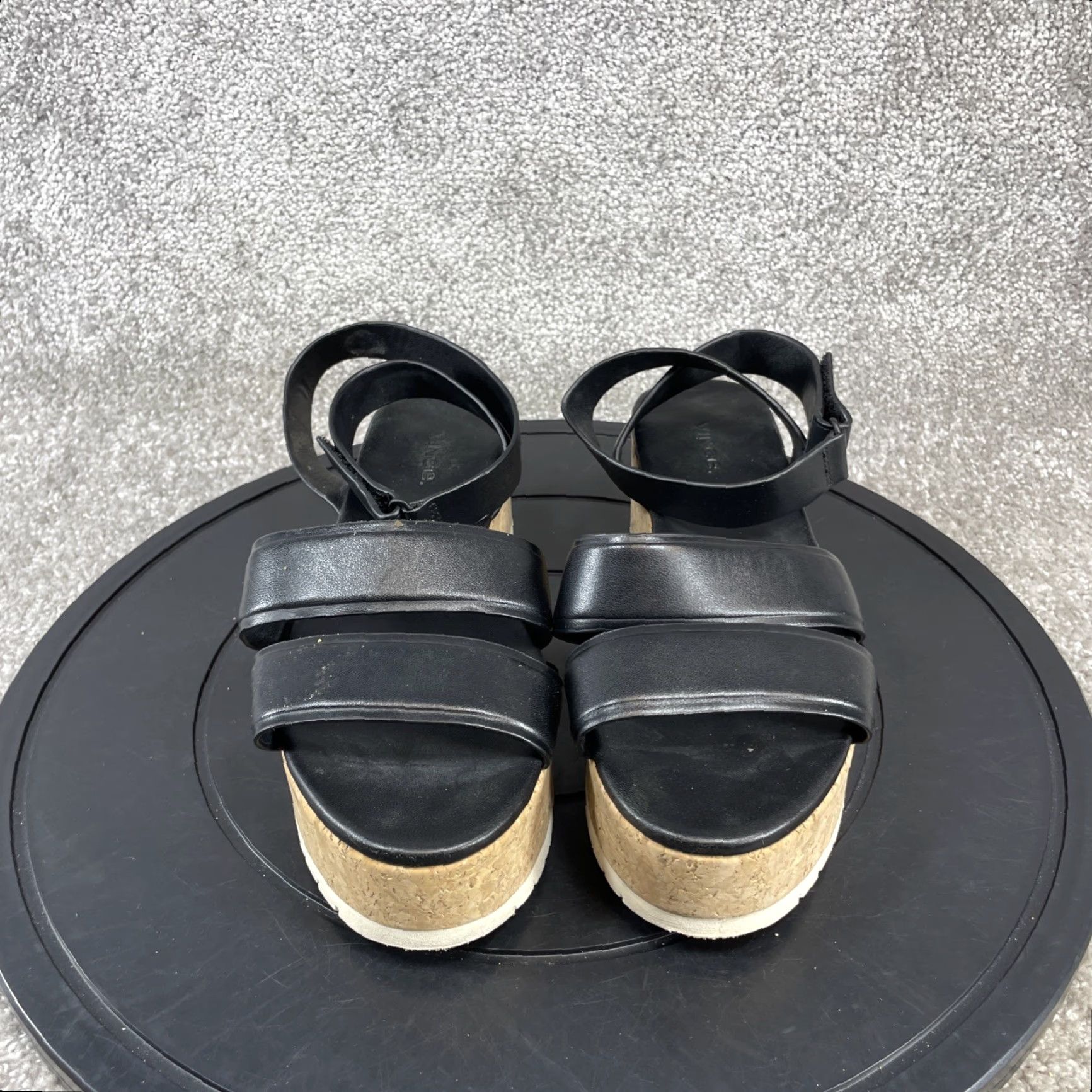 Vince Vince Jet Black Leather Wedge Sandals Women 7.5 M Cork Platform Ankle Strap Size US 8 / IT 38 - 4 Thumbnail