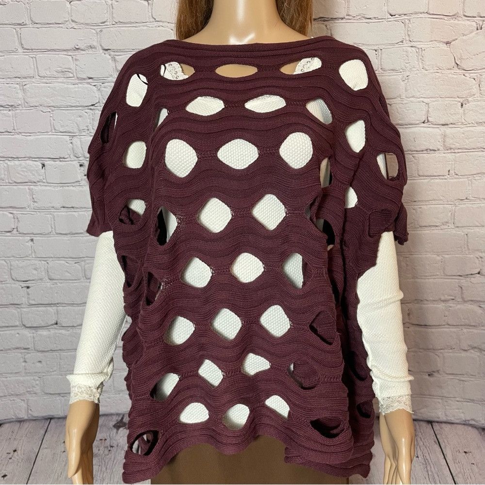 Other Katherine Barclay Knit Burgundy Cotton Blend Poncho Cape Si Size M / US 6-8 / IT 42-44 - 2 Thumbnail