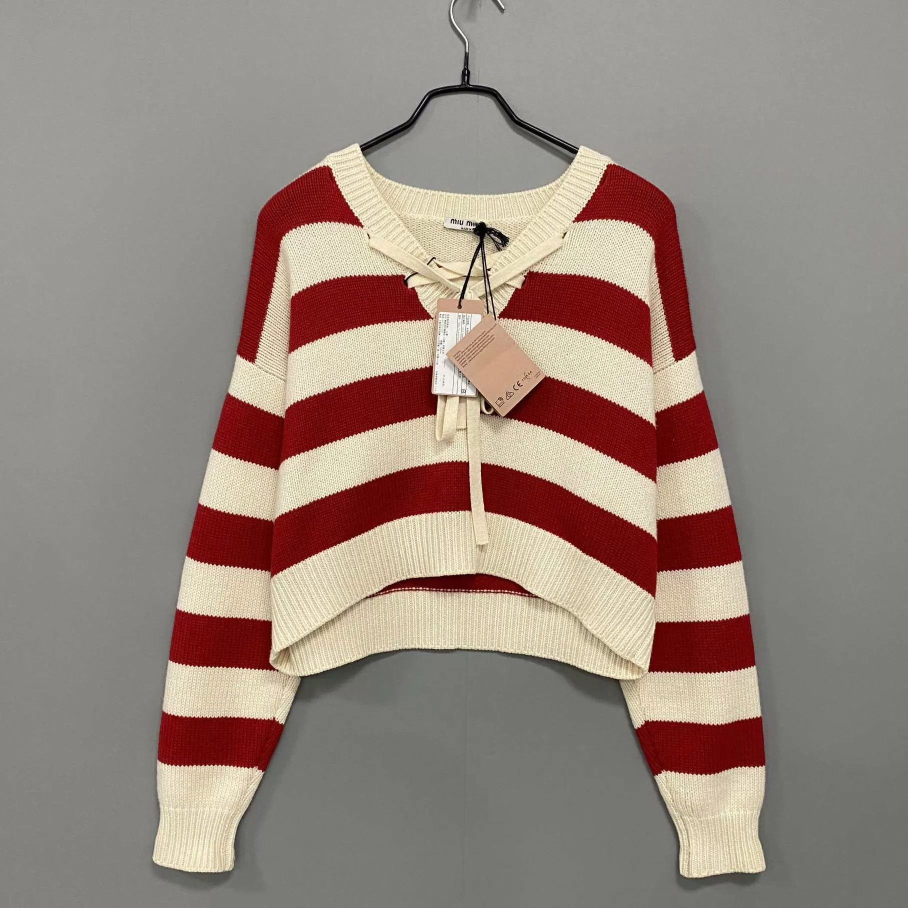 Miu Miu MIUMIU Red & White Striped V-Neck Tie Knit Sweater 38 Size XS / US 0-2 / IT 36-38 - 1 Thumbnail