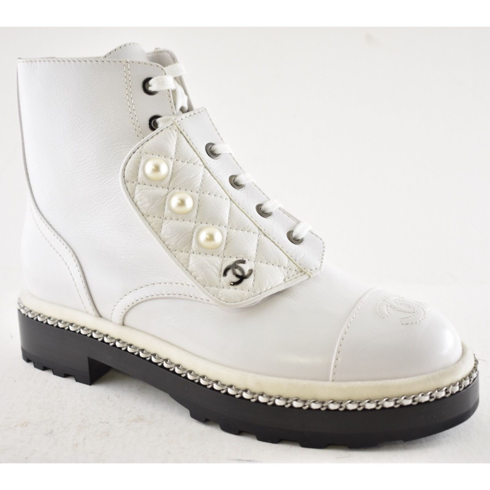 Chanel Chanel 18K White Pearl CC Chain Around Combat Lace Up Size US 7 / IT 37 - 4 Thumbnail