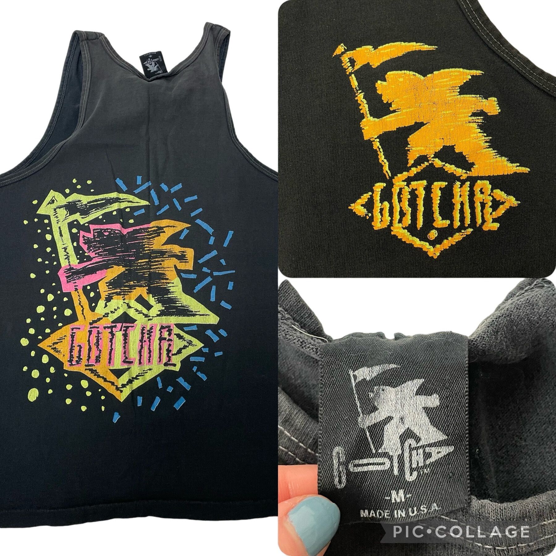 image of 80's Gotcha Surf Wear Usa Made Neon Skater Muscle Shirt in Black, Men's (Size Medium)