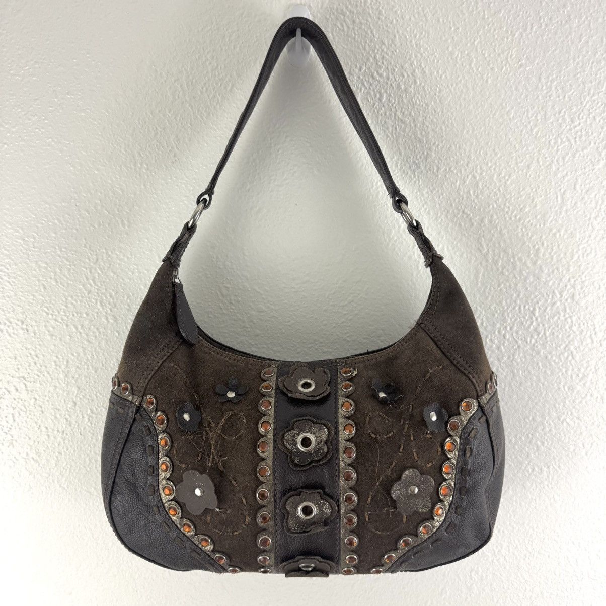 Wilsons Leather Dark Brown Suede Boho Floral Shoulder Bag, Women's