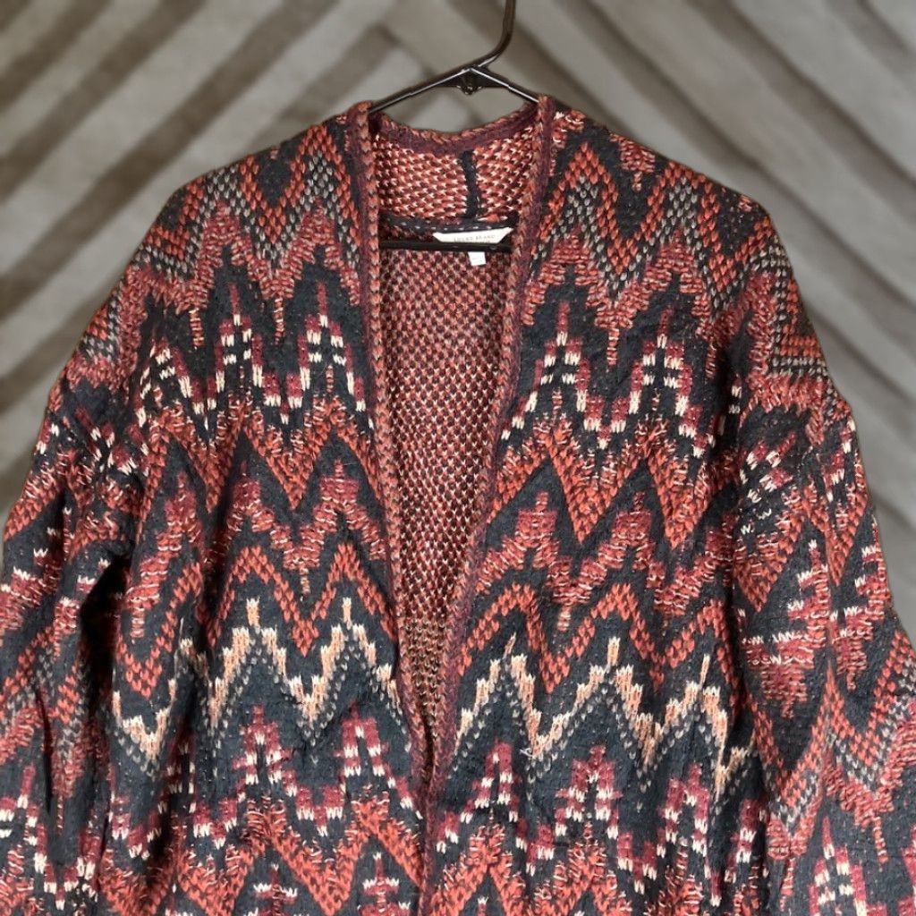 Lucky Brand Lucky Brand Womens Sweater Cardigan Open Front Duster Wool Blend S Red Chevron Knit Size S / US 4 / IT 40 - 1 Thumbnail
