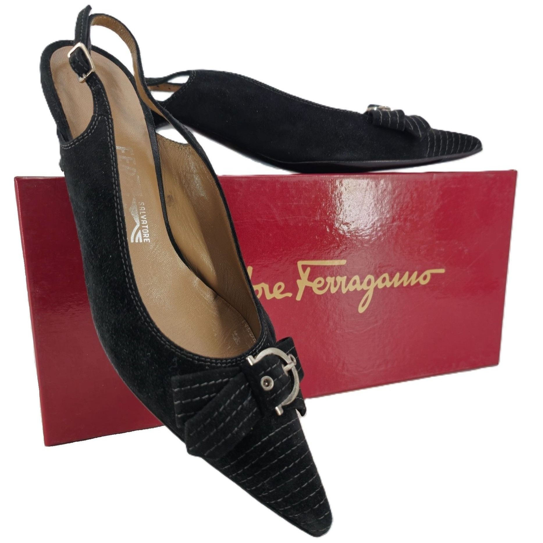 Salvatore Ferragamo Vintage Salvatore Ferragamo Black Striped Suede Formal Sling Size US 8 / IT 38 - 1 Thumbnail