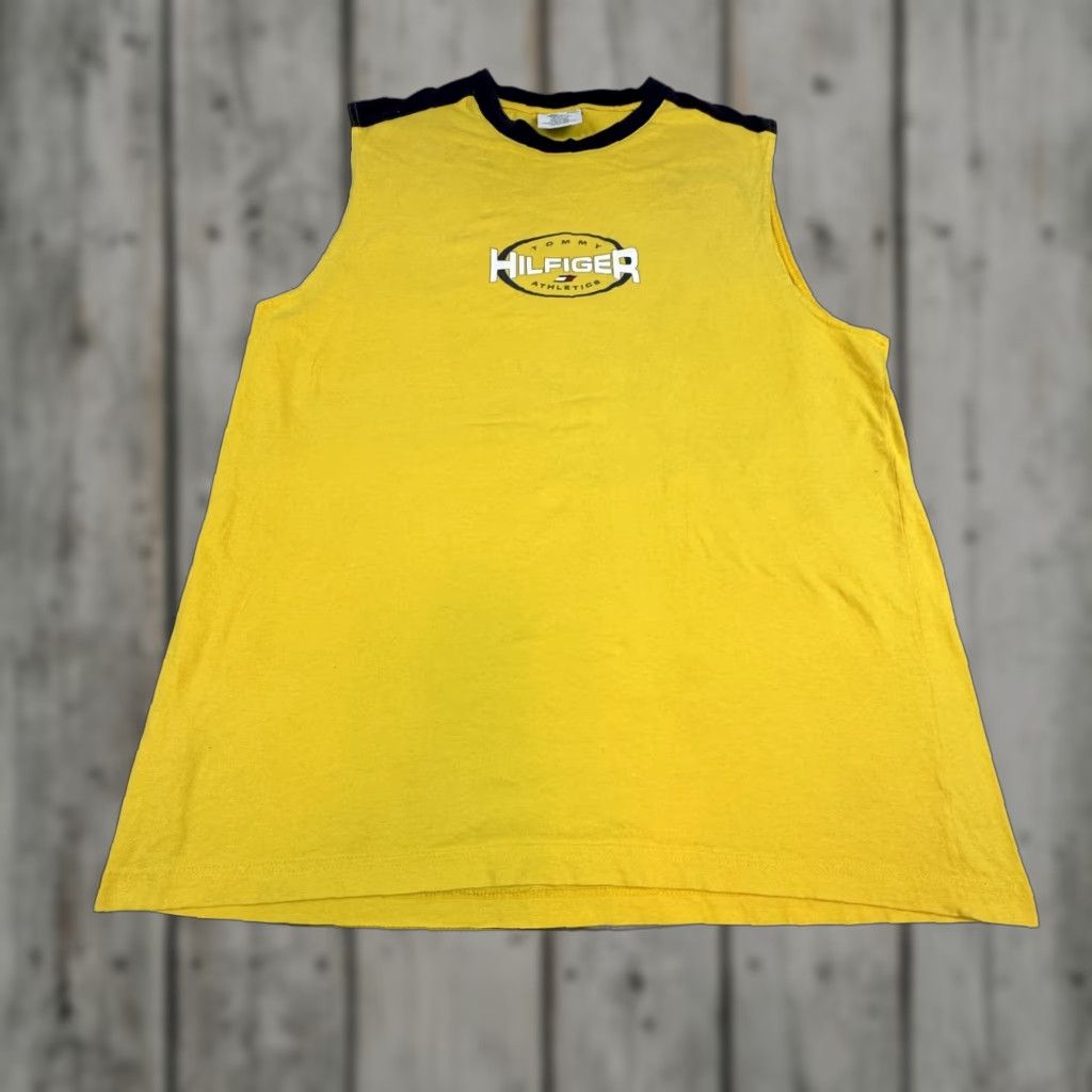 Tommy Hilfiger VINTAGE Tommy Hilfiger Tank Top Mens XL Sleeveless Jersey Graphic Print 90s Made in USA Yellow Size US XL / EU 56 / 4 - 1 Thumbnail