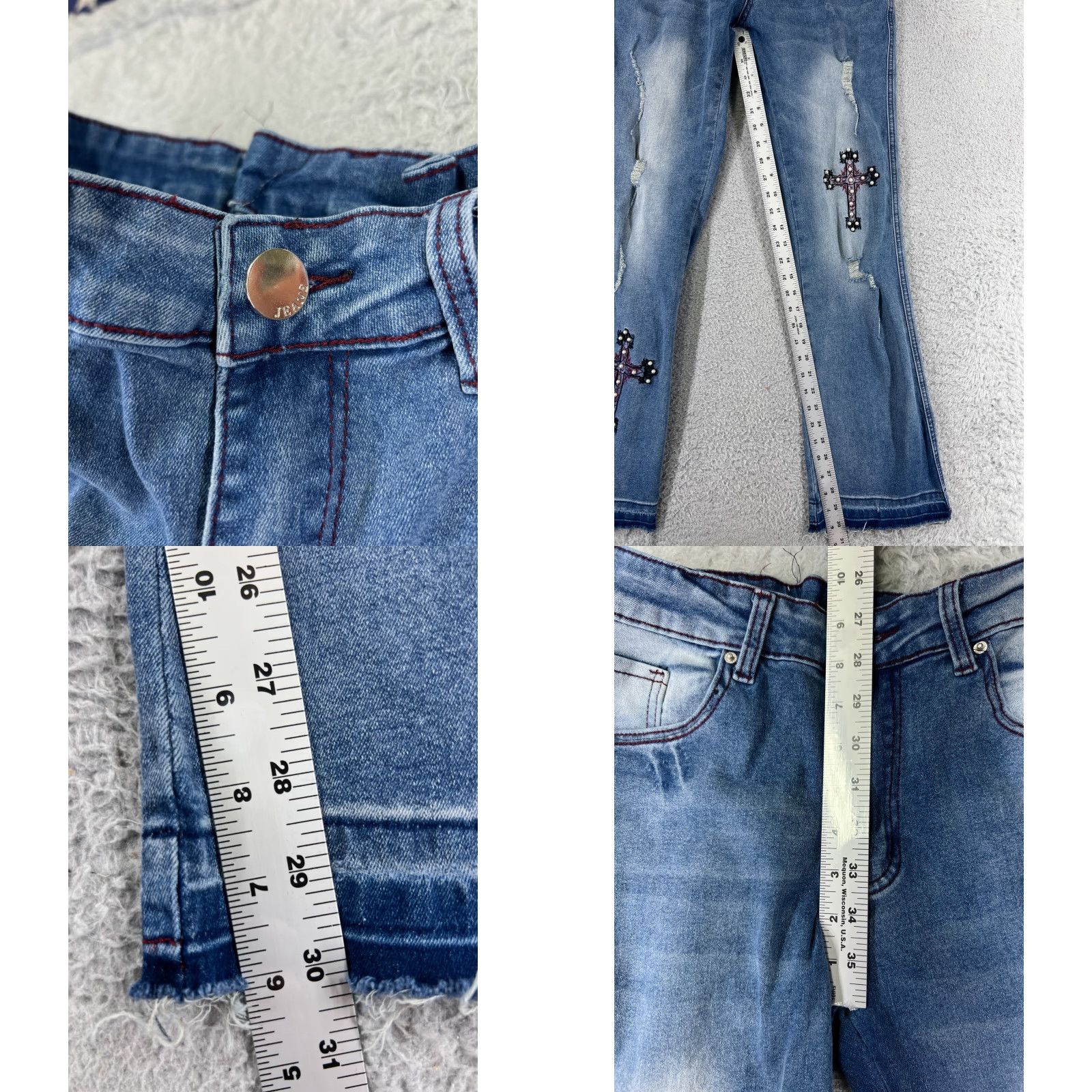 Denime Jeans Women 24 Blue Denim Flared Distressed Embellished Crosses 5-Pocket Regular Inseam 24 Denim Jeans Hippie Size 42" / US 20 - 8 Thumbnail